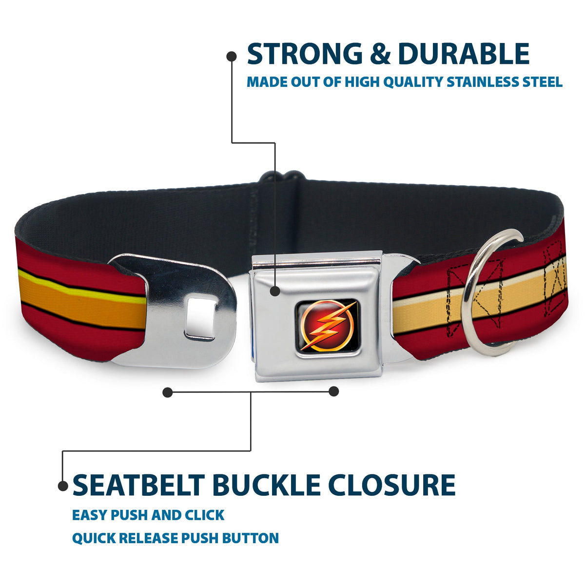 Flash Logo3 Black/Gold/Red Seatbelt Buckle Collar - The Flash Stripe Burgundy/Gold