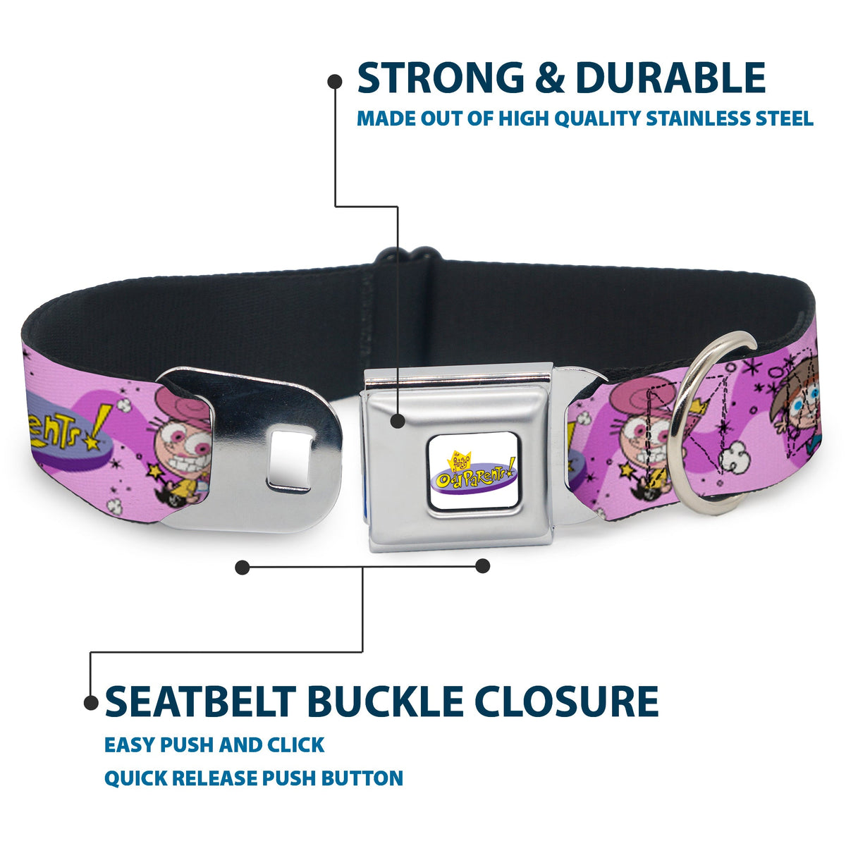 THE FAIRLY ODDPARENTS Logo Full Color White Seatbelt Buckle Collar - THE FAIRLY ODDPARENTS Timmy with Cosmo and Wanda Group Pose Pinks
