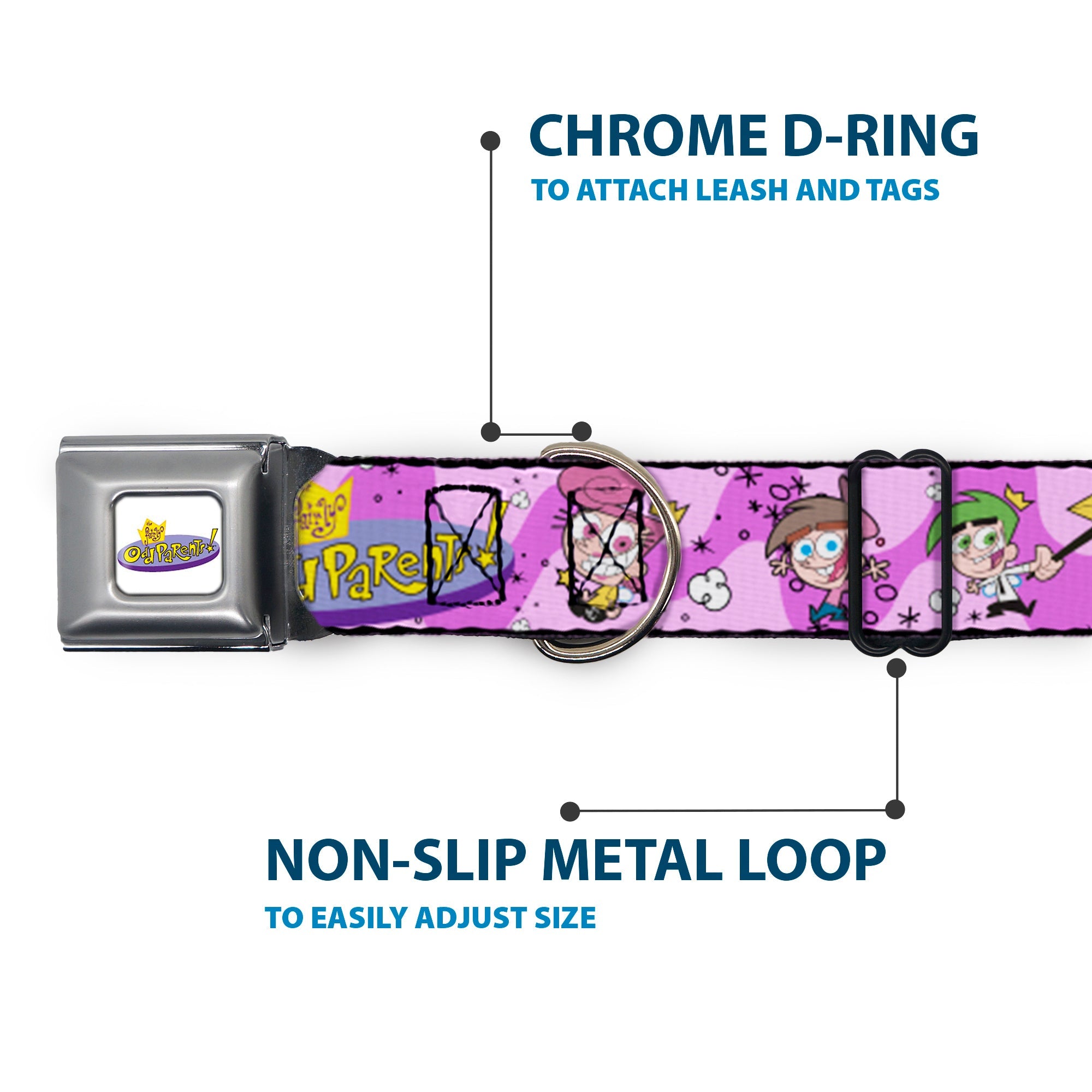 THE FAIRLY ODDPARENTS Logo Full Color White Seatbelt Buckle Collar - THE FAIRLY ODDPARENTS Timmy with Cosmo and Wanda Group Pose Pinks