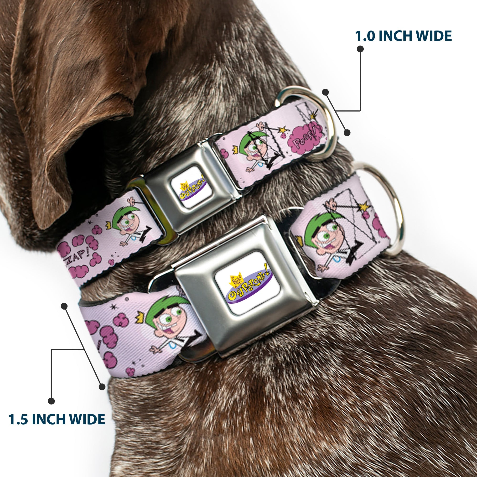 THE FAIRLY ODDPARENTS Logo Full Color White Seatbelt Buckle Collar - The Fairly OddParents Cosmo and Wanda Wish Poses Pink