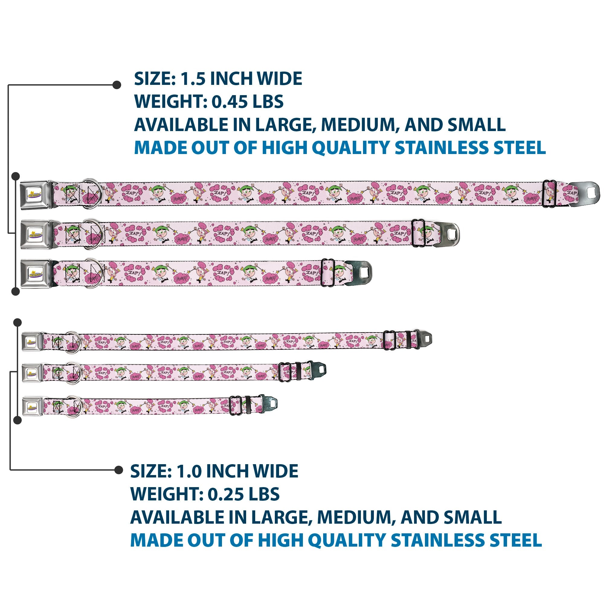 THE FAIRLY ODDPARENTS Logo Full Color White Seatbelt Buckle Collar - The Fairly OddParents Cosmo and Wanda Wish Poses Pink