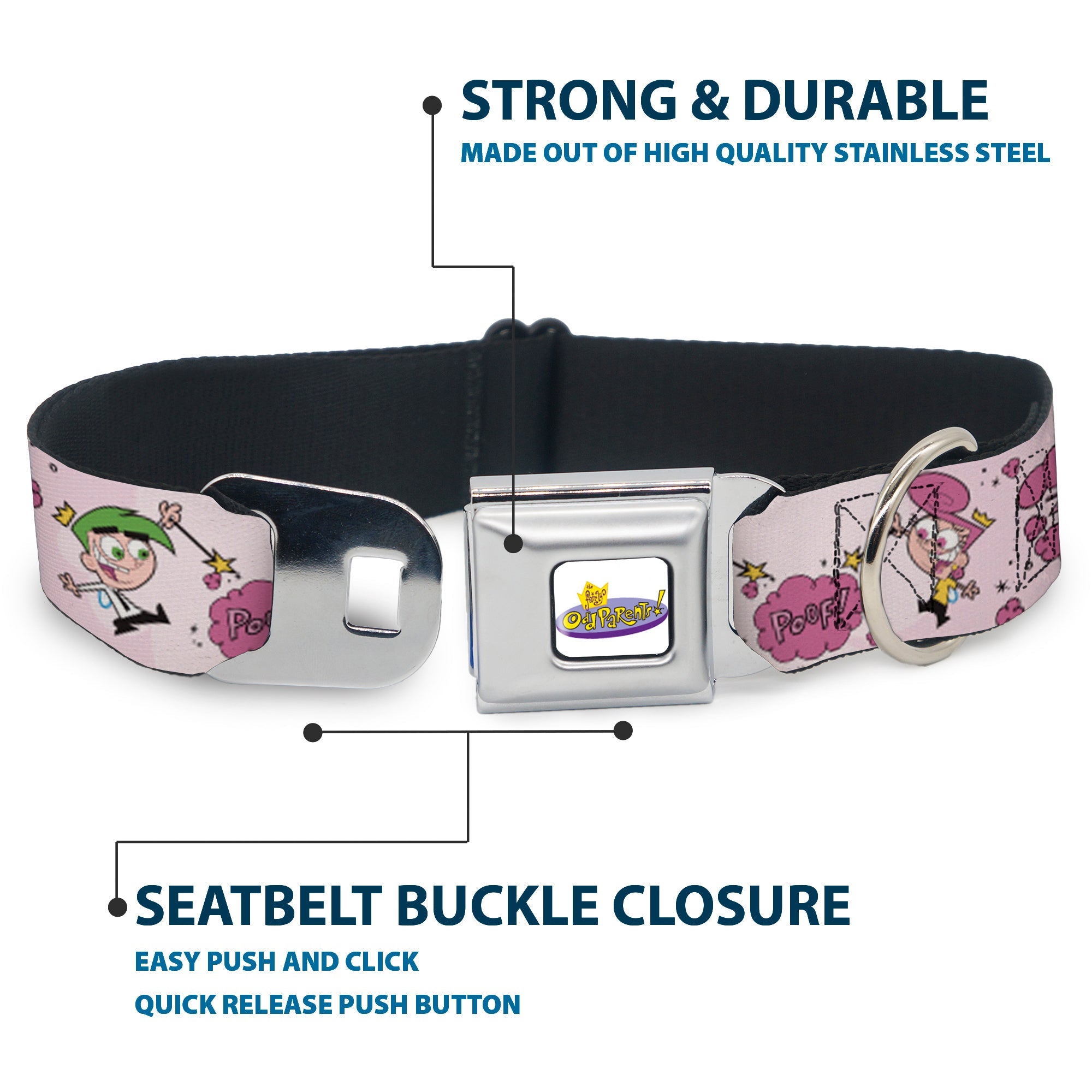 THE FAIRLY ODDPARENTS Logo Full Color White Seatbelt Buckle Collar - The Fairly OddParents Cosmo and Wanda Wish Poses Pink