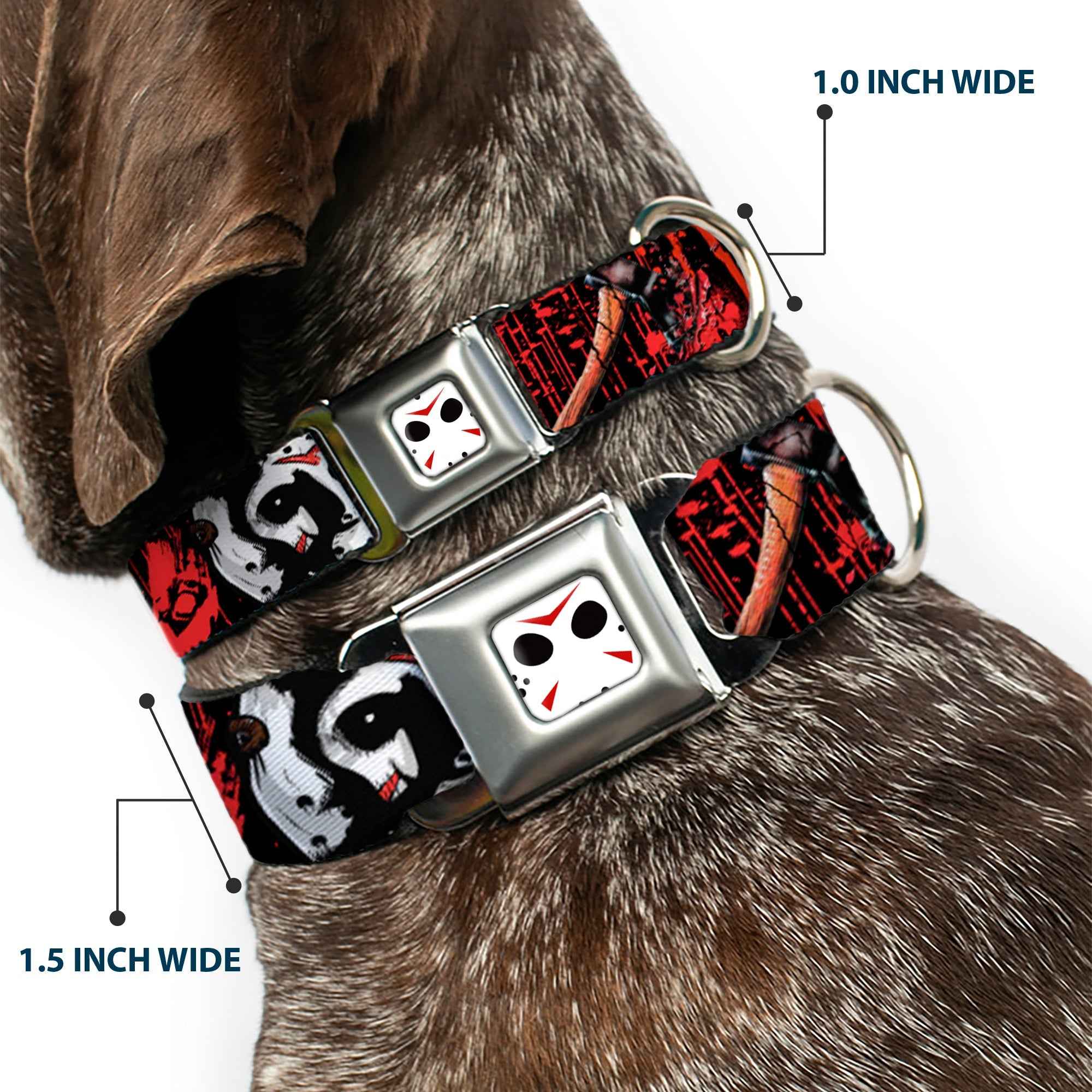 Buckle-Down Jason Mask Close-Up Full Color Black/White/Red Seatbelt Buckle Dog Collar - Friday The 13th/Jason Mask4/Axe Blood Splatter Black/Red/White