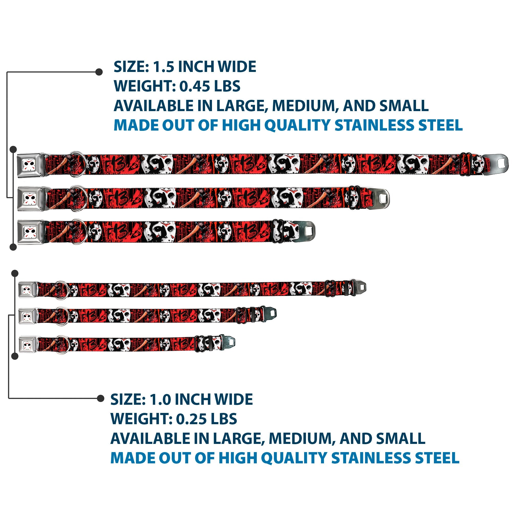 Buckle-Down Jason Mask Close-Up Full Color Black/White/Red Seatbelt Buckle Dog Collar - Friday The 13th/Jason Mask4/Axe Blood Splatter Black/Red/White
