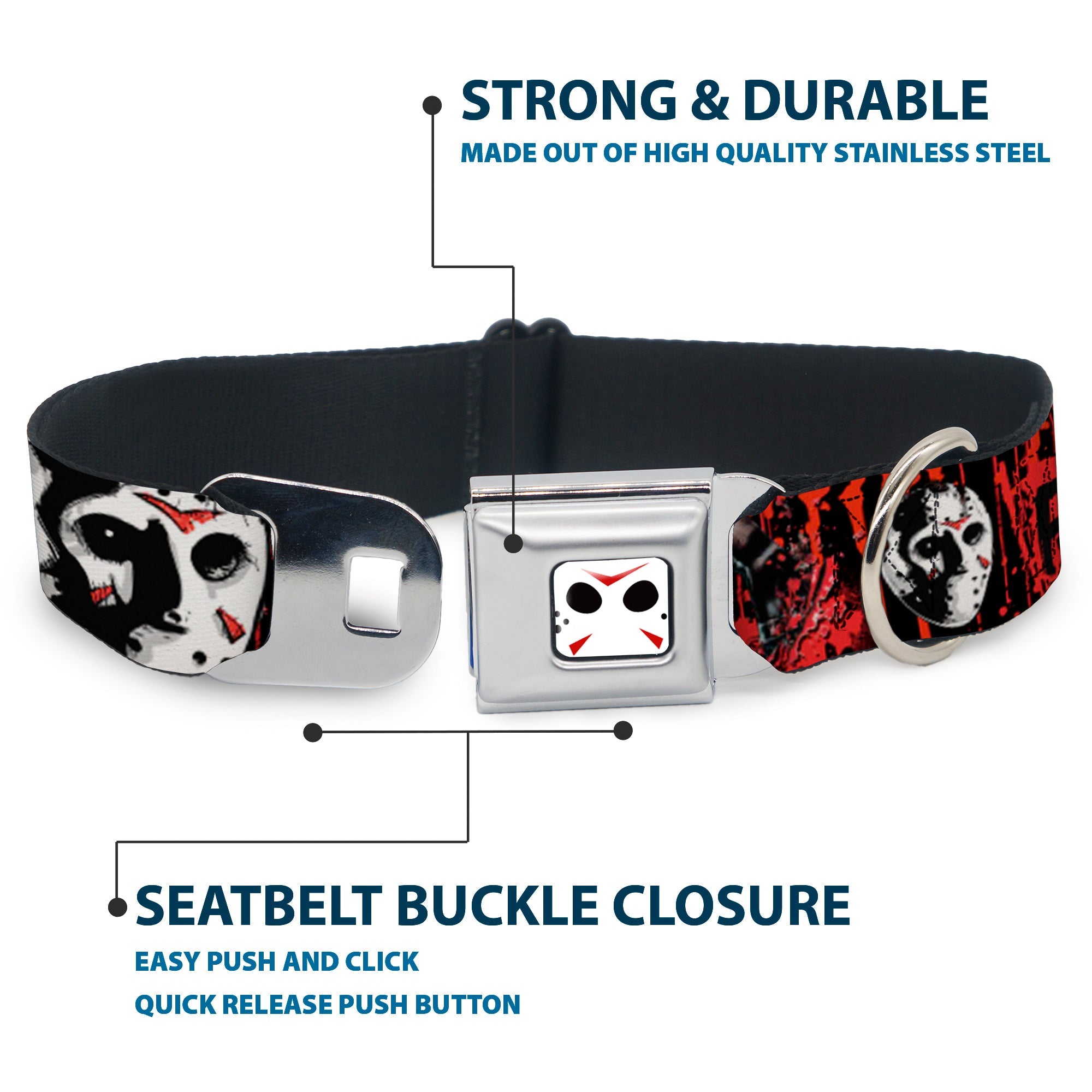 Buckle-Down Jason Mask Close-Up Full Color Black/White/Red Seatbelt Buckle Dog Collar - Friday The 13th/Jason Mask4/Axe Blood Splatter Black/Red/White