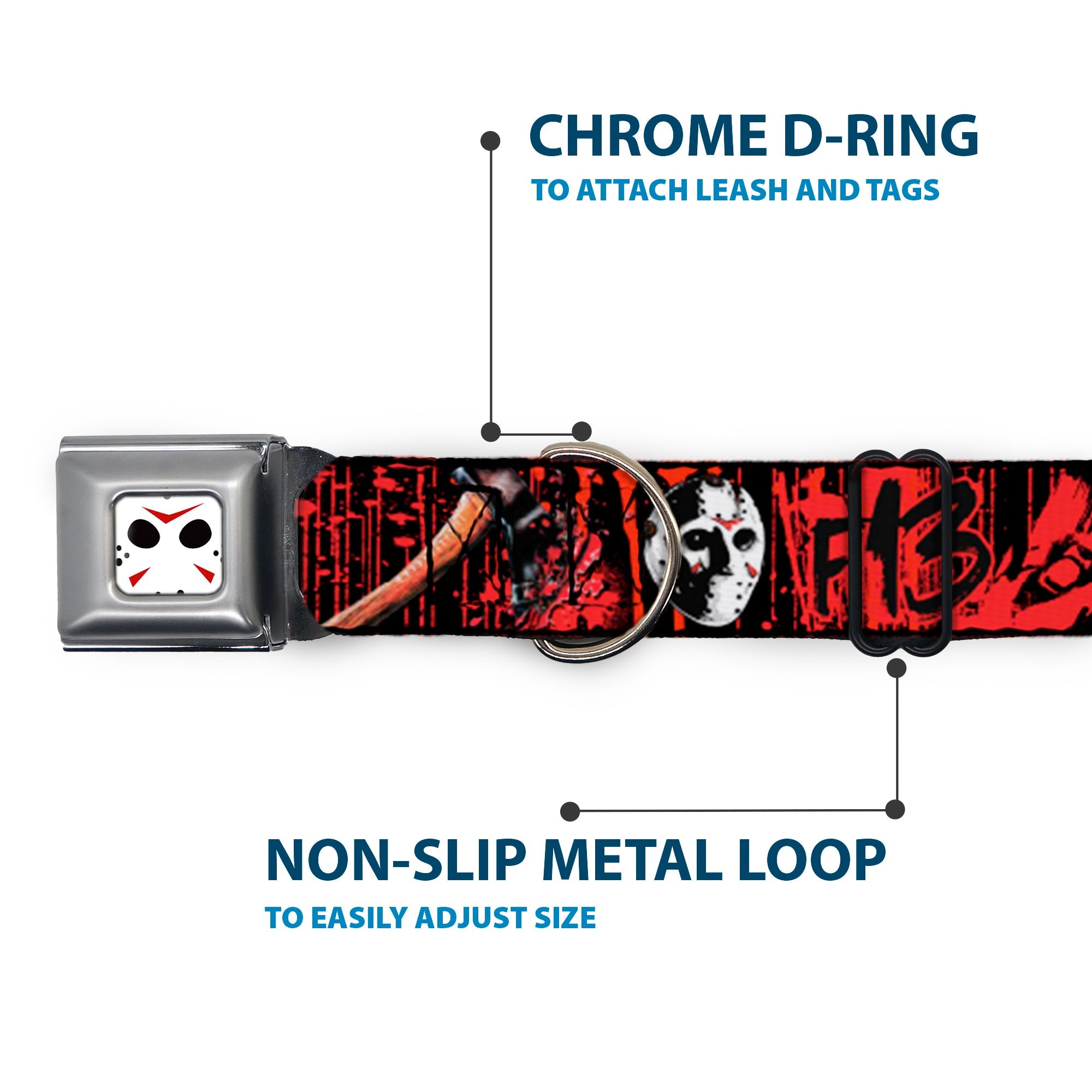 Buckle-Down Jason Mask Close-Up Full Color Black/White/Red Seatbelt Buckle Dog Collar - Friday The 13th/Jason Mask4/Axe Blood Splatter Black/Red/White