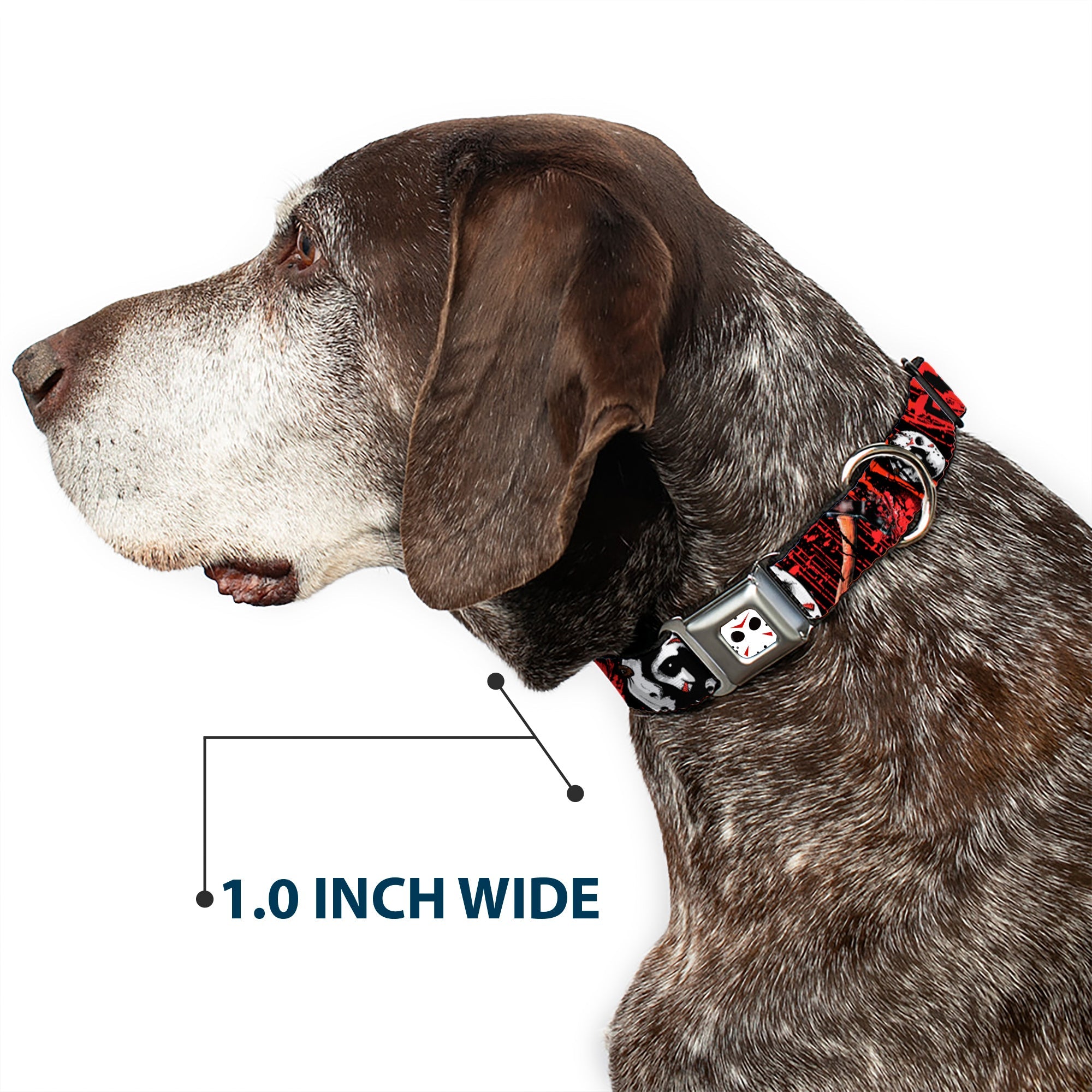Buckle-Down Jason Mask Close-Up Full Color Black/White/Red Seatbelt Buckle Dog Collar - Friday The 13th/Jason Mask4/Axe Blood Splatter Black/Red/White