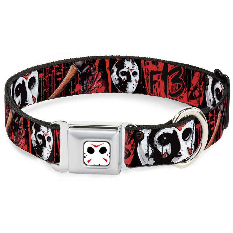 Buckle-Down Jason Mask Close-Up Full Color Black/White/Red Seatbelt Buckle Dog Collar - Friday The 13th/Jason Mask4/Axe Blood Splatter Black/Red/White