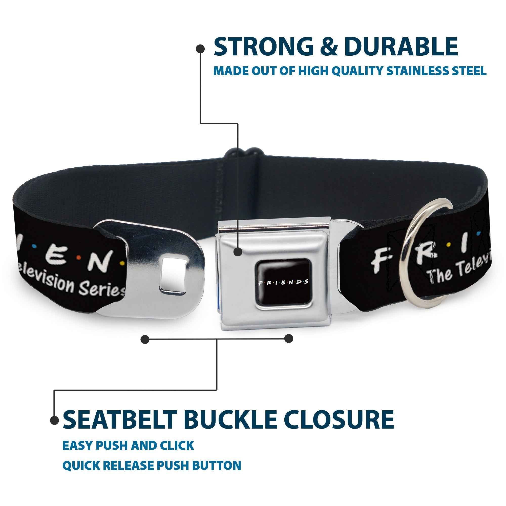 Buckle-Down Friends Logo Full Color Black/White/Multicolor Seatbelt Buckle Dog Collar - Friends-The Television Series Logo Black/White/Multicolor