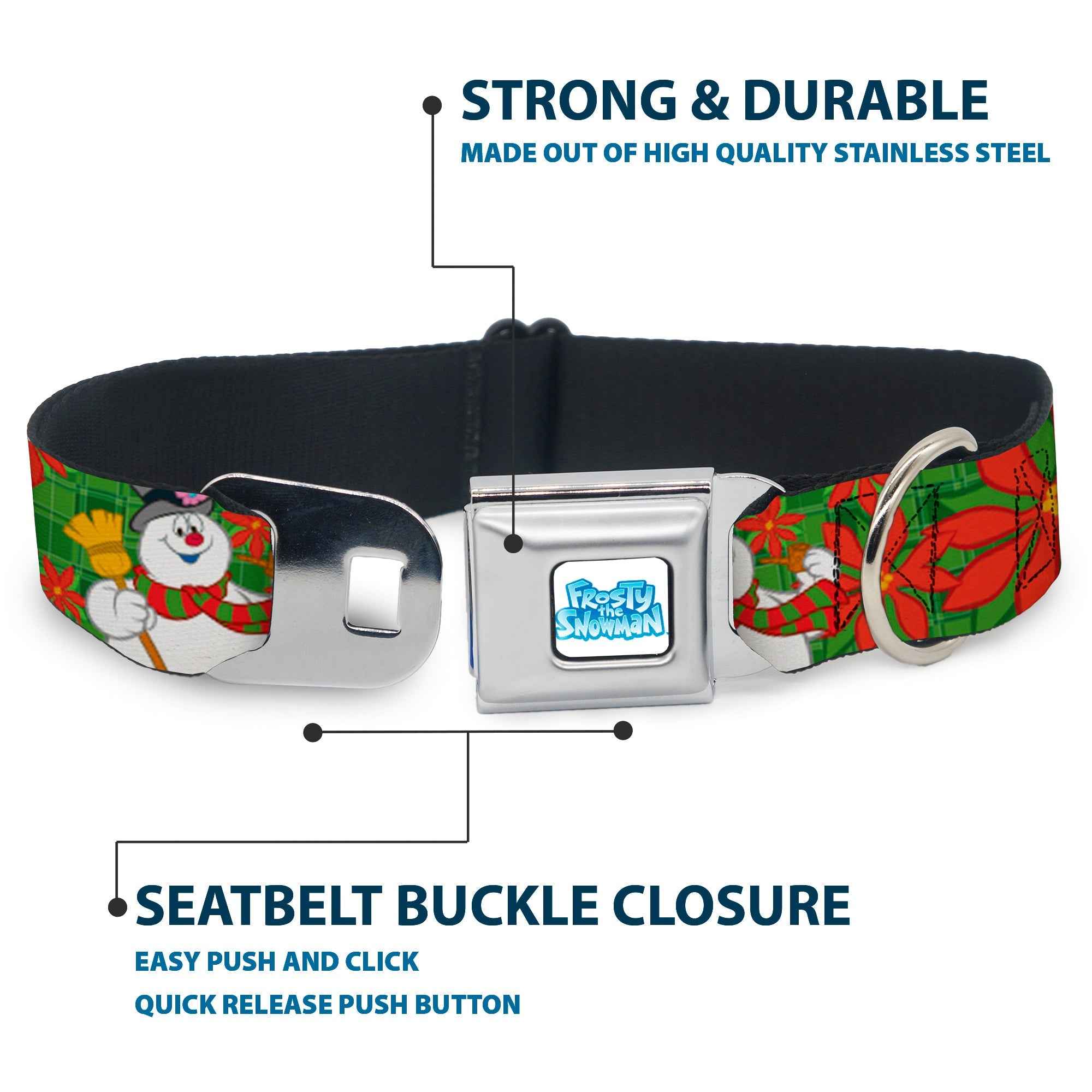 Buckle-Down Frosty The Snowman Logo Full Color White/Blues Seatbelt Buckle Dog Collar - Frosty the Snowman Pose Poinsetta Plaid Collage Greens/Reds