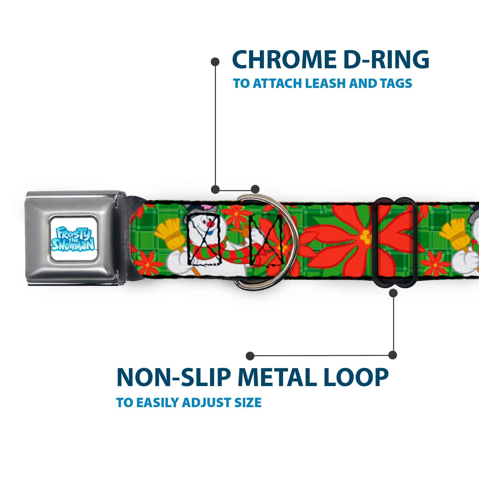 Buckle-Down Frosty The Snowman Logo Full Color White/Blues Seatbelt Buckle Dog Collar - Frosty the Snowman Pose Poinsetta Plaid Collage Greens/Reds