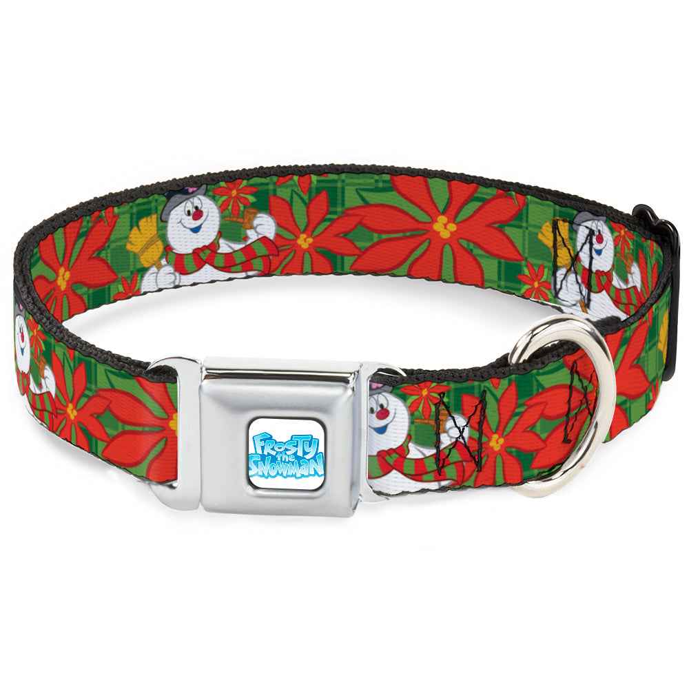 Buckle-Down Frosty The Snowman Logo Full Color White/Blues Seatbelt Buckle Dog Collar - Frosty the Snowman Pose Poinsetta Plaid Collage Greens/Reds