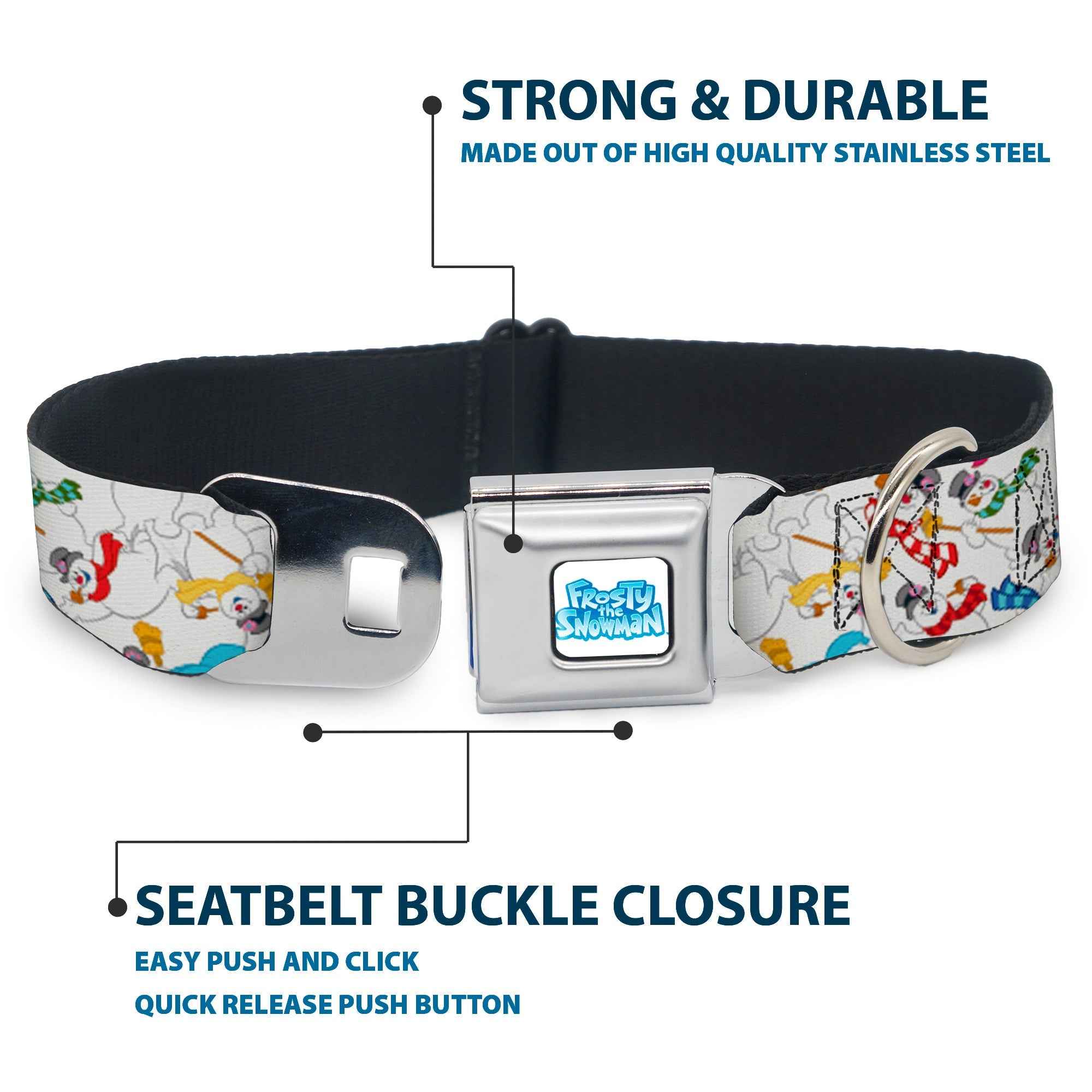 Buckle-Down Frosty The Snowman Logo Full Color White/Blues Seatbelt Buckle Dog Collar - Frosty the Snowman Pose Scattered White