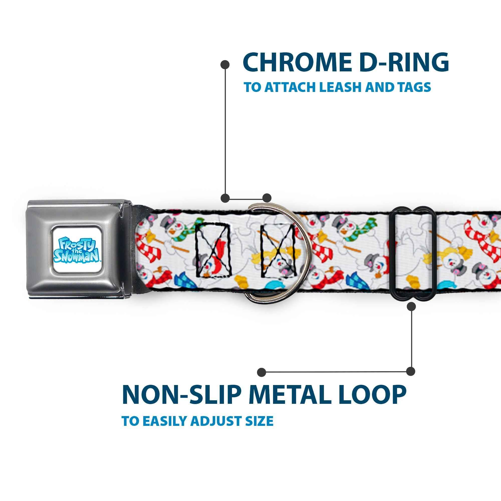Buckle-Down Frosty The Snowman Logo Full Color White/Blues Seatbelt Buckle Dog Collar - Frosty the Snowman Pose Scattered White