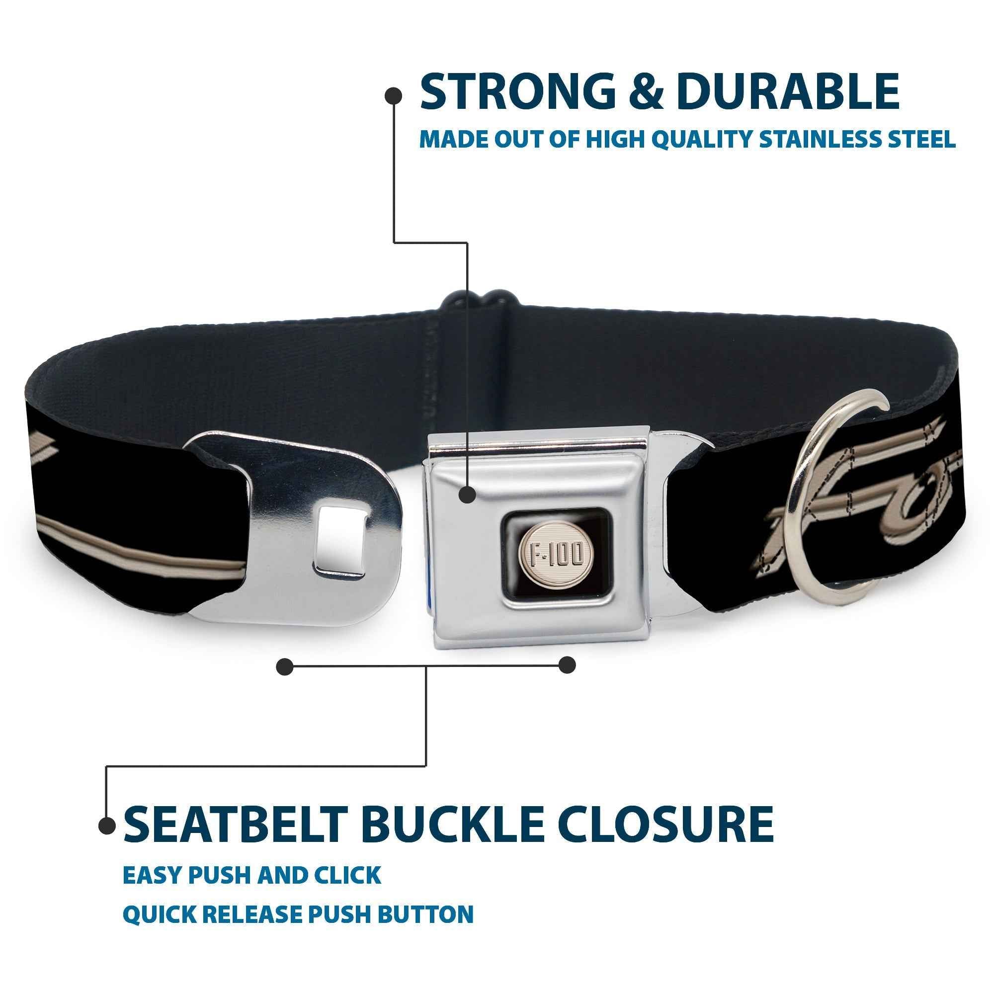 Buckle-Down Ford F-100 Logo Full Color Black/Tans Seatbelt Buckle Dog Collar - Ford F-100 Script Black/Tan-Gray