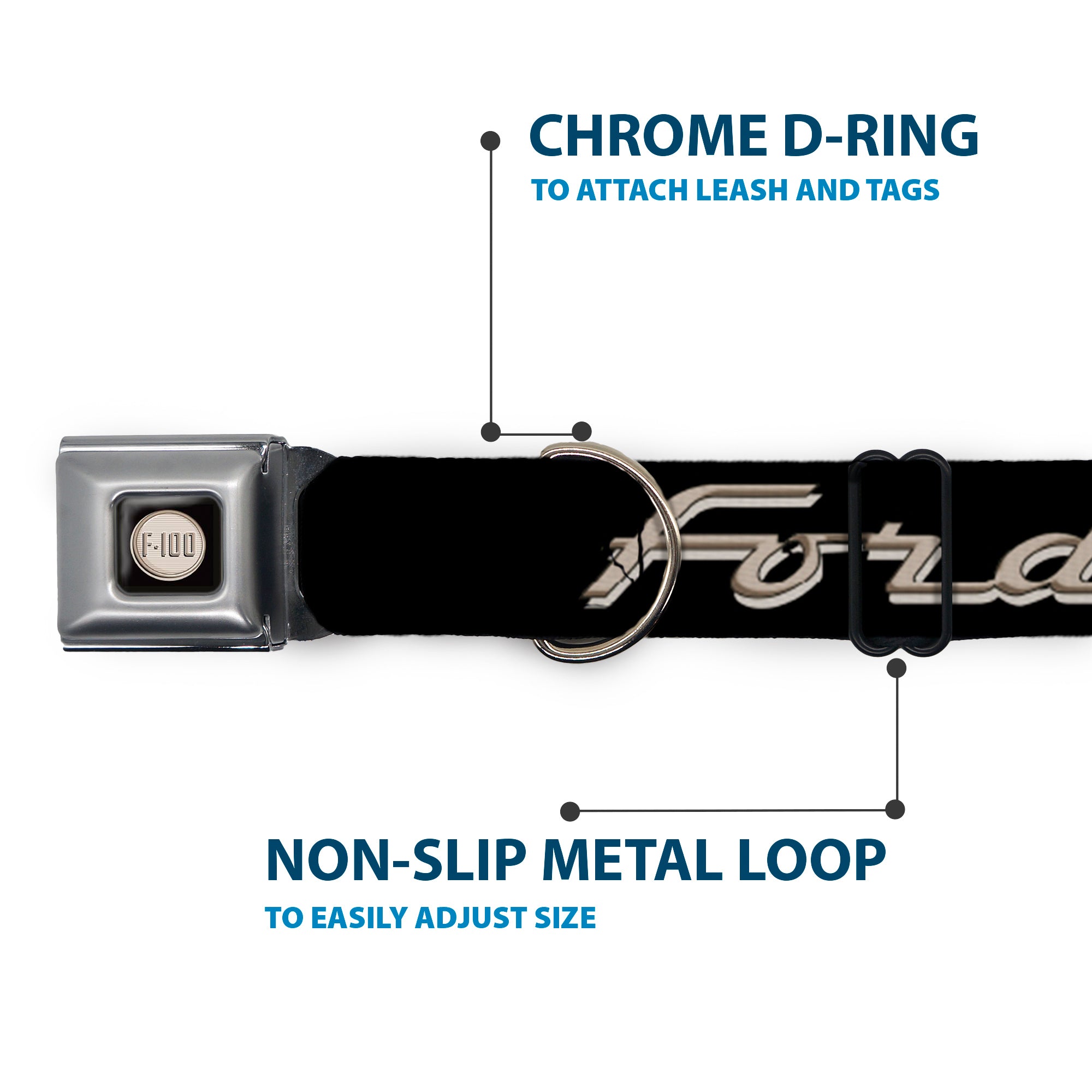 Buckle-Down Ford F-100 Logo Full Color Black/Tans Seatbelt Buckle Dog Collar - Ford F-100 Script Black/Tan-Gray