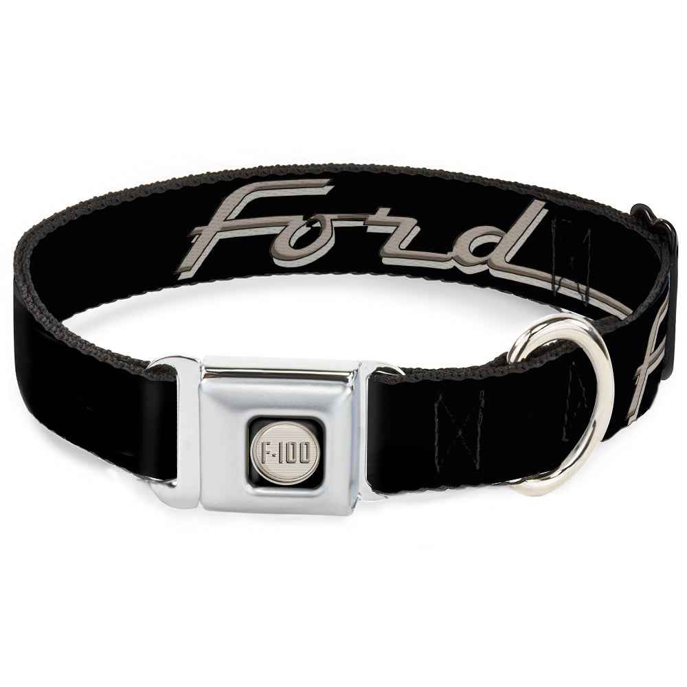 Buckle-Down Ford F-100 Logo Full Color Black/Tans Seatbelt Buckle Dog Collar - Ford F-100 Script Black/Tan-Gray