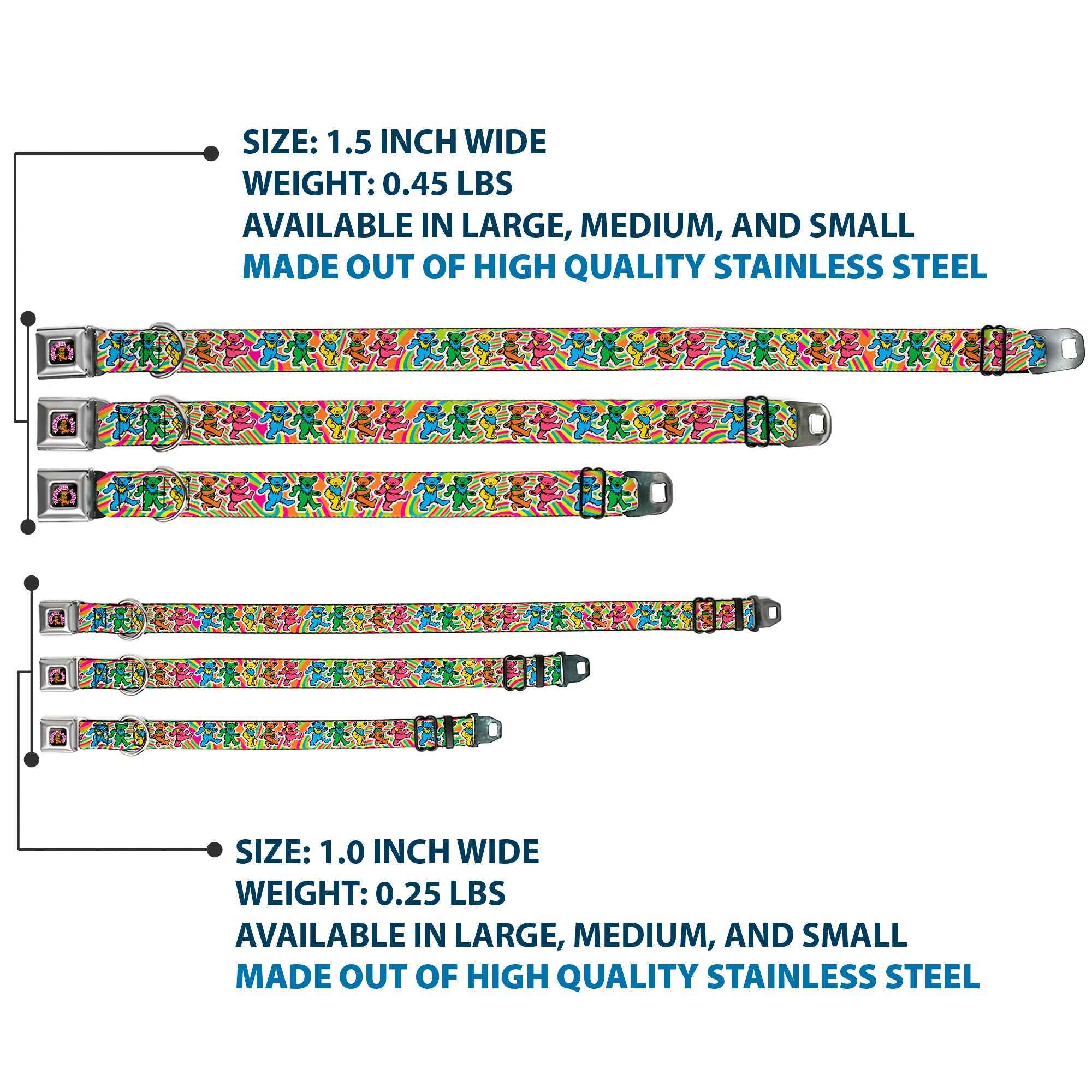 Buckle-Down Grateful Dead Dancing Bear Icon Full Color Black/Orange Seatbelt Buckle Dog Collar - Grateful Dead Dancing Bears Swirl Multicolor