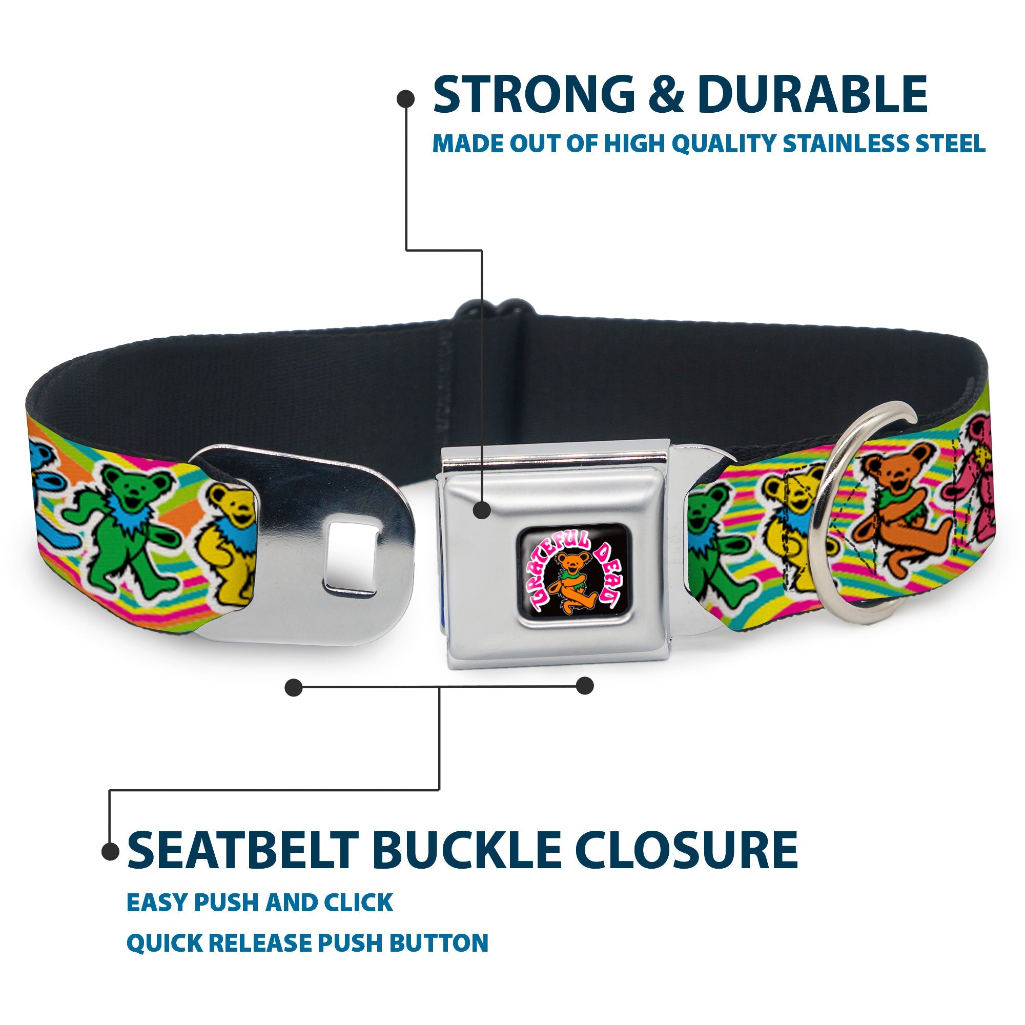 Buckle-Down Grateful Dead Dancing Bear Icon Full Color Black/Orange Seatbelt Buckle Dog Collar - Grateful Dead Dancing Bears Swirl Multicolor