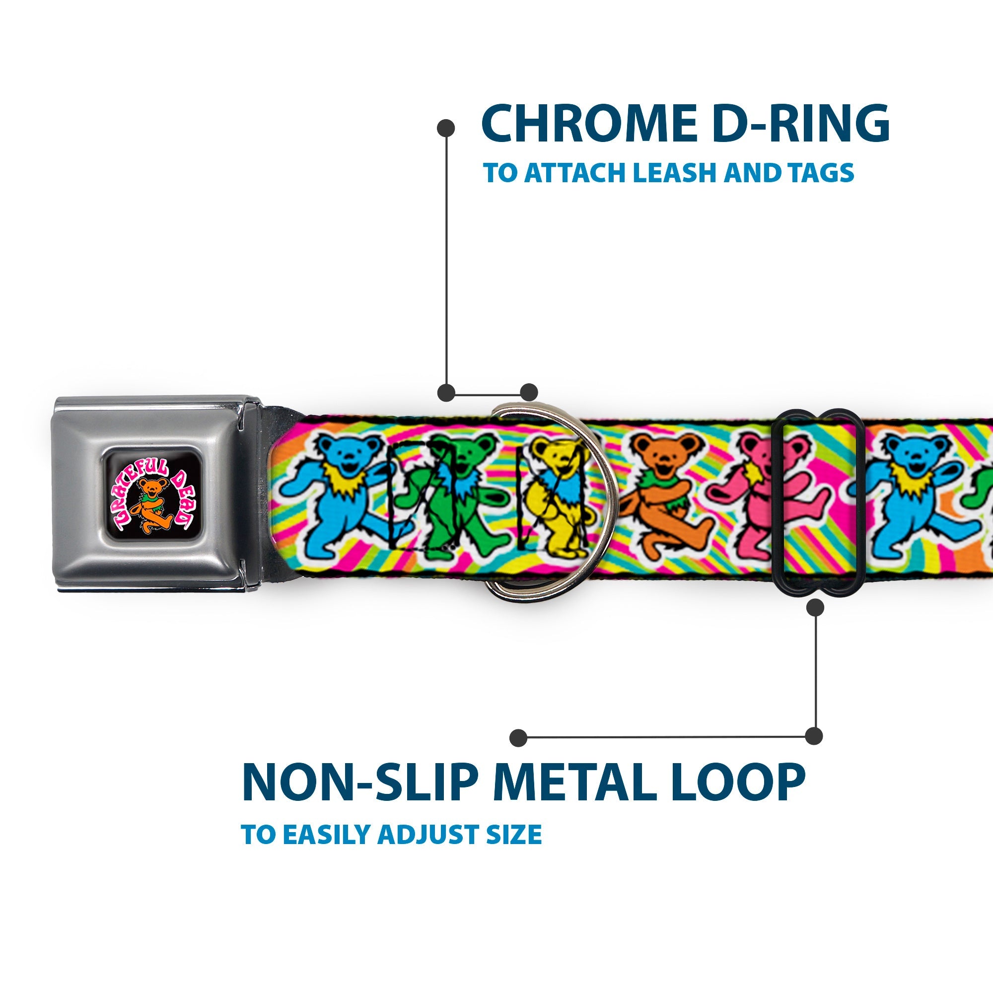 Buckle-Down Grateful Dead Dancing Bear Icon Full Color Black/Orange Seatbelt Buckle Dog Collar - Grateful Dead Dancing Bears Swirl Multicolor