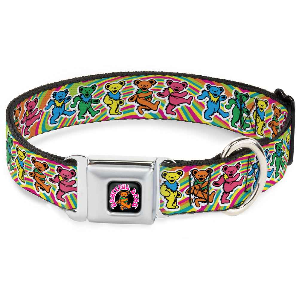 Buckle-Down Grateful Dead Dancing Bear Icon Full Color Black/Orange Seatbelt Buckle Dog Collar - Grateful Dead Dancing Bears Swirl Multicolor
