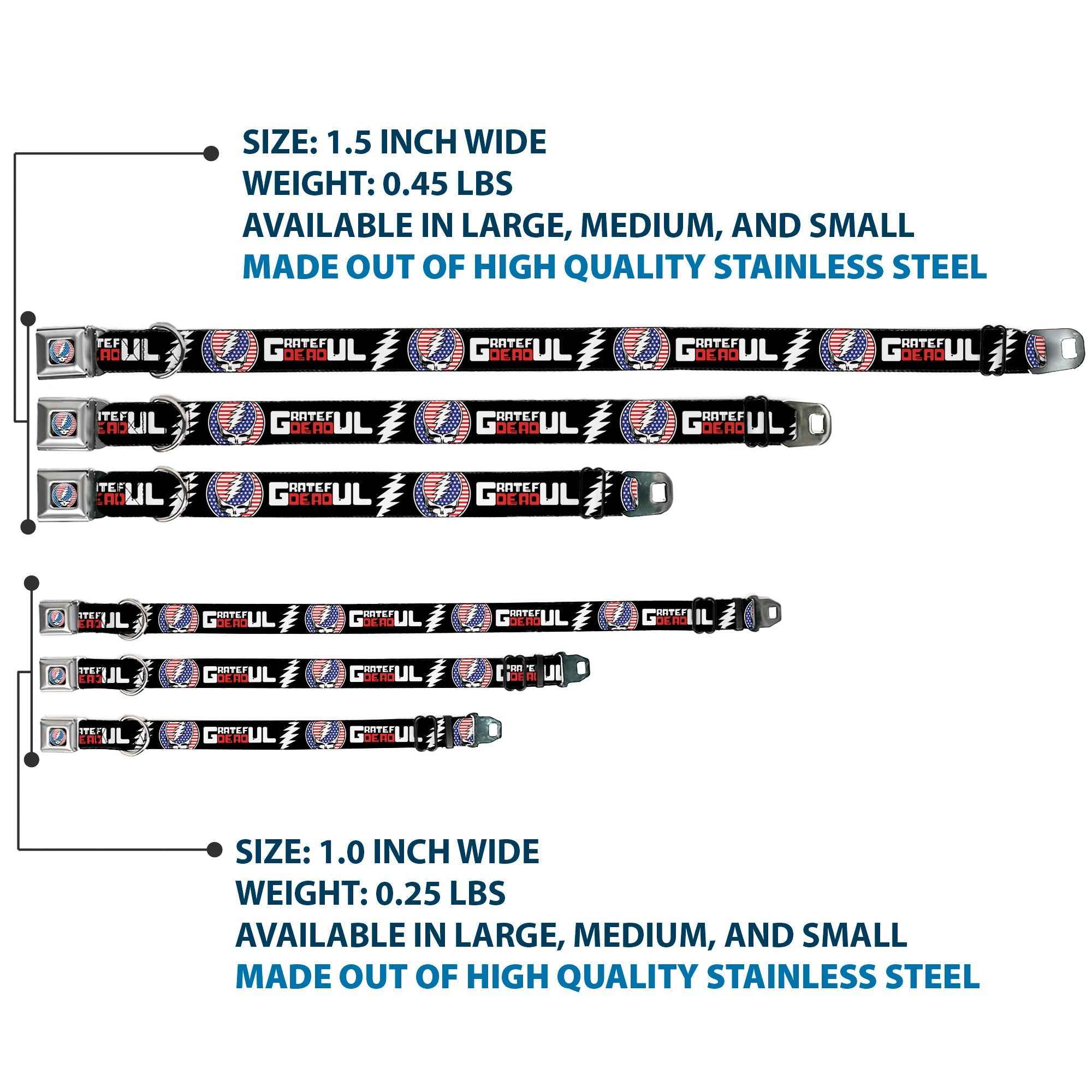 Buckle-Down Grateful Dead Steal Your Face Stars and Stripes Logo & Text with Steal Your Face Stars and Stripes Seatbelt Buckle Dog Collar