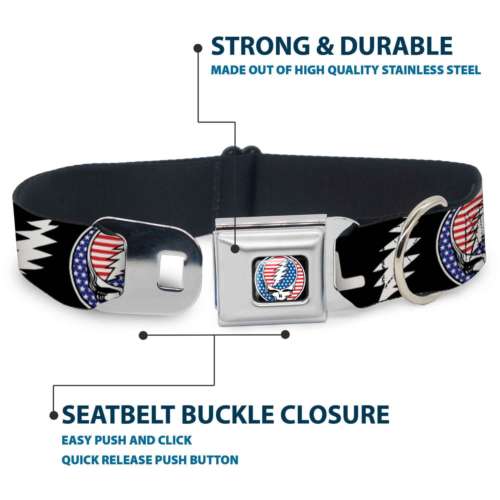 Buckle-Down Grateful Dead Steal Your Face Stars and Stripes Logo & Text with Steal Your Face Stars and Stripes Seatbelt Buckle Dog Collar