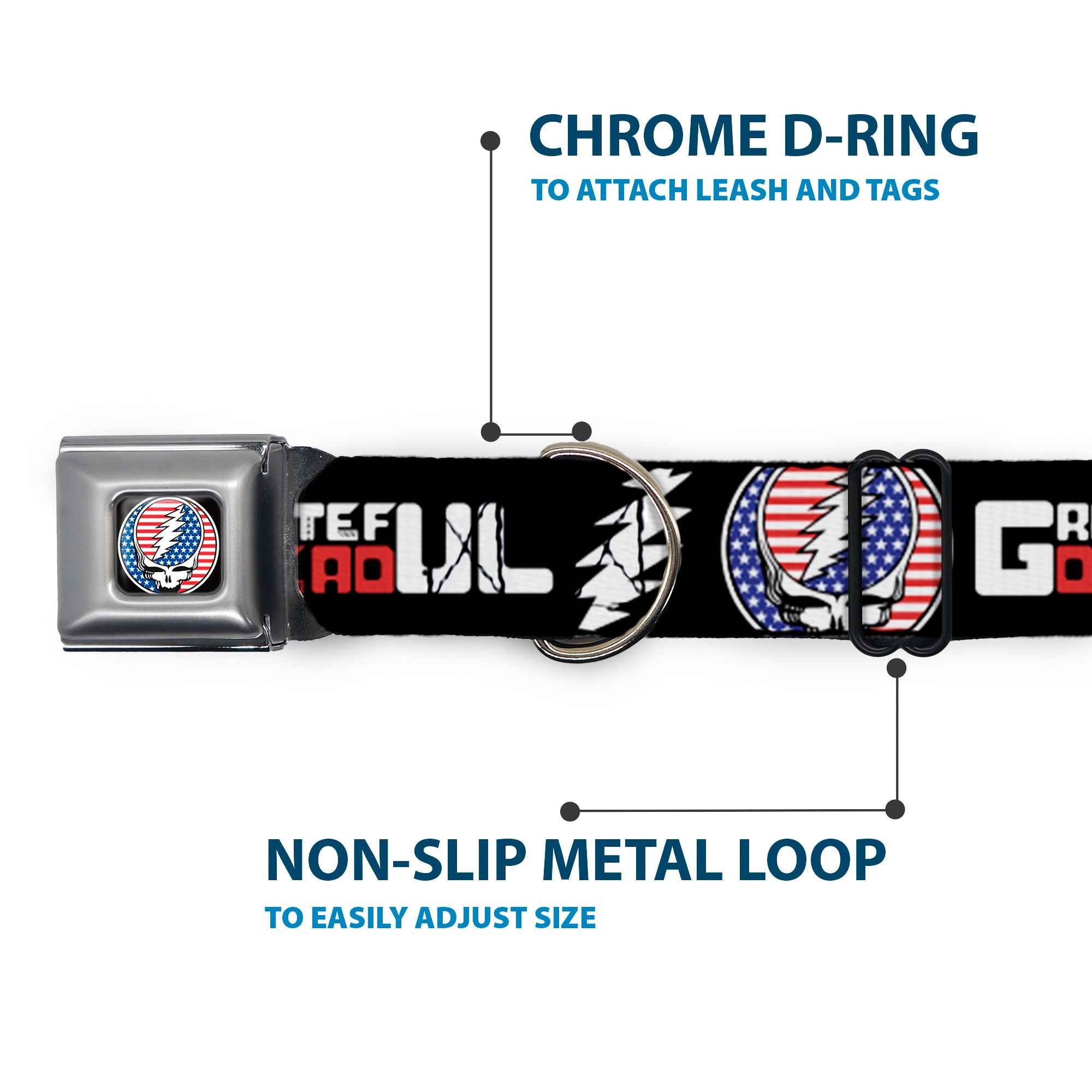 Buckle-Down Grateful Dead Steal Your Face Stars and Stripes Logo & Text with Steal Your Face Stars and Stripes Seatbelt Buckle Dog Collar