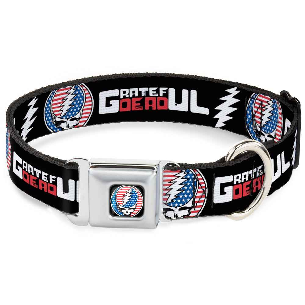 Buckle-Down Grateful Dead Steal Your Face Stars and Stripes Logo & Text with Steal Your Face Stars and Stripes Seatbelt Buckle Dog Collar