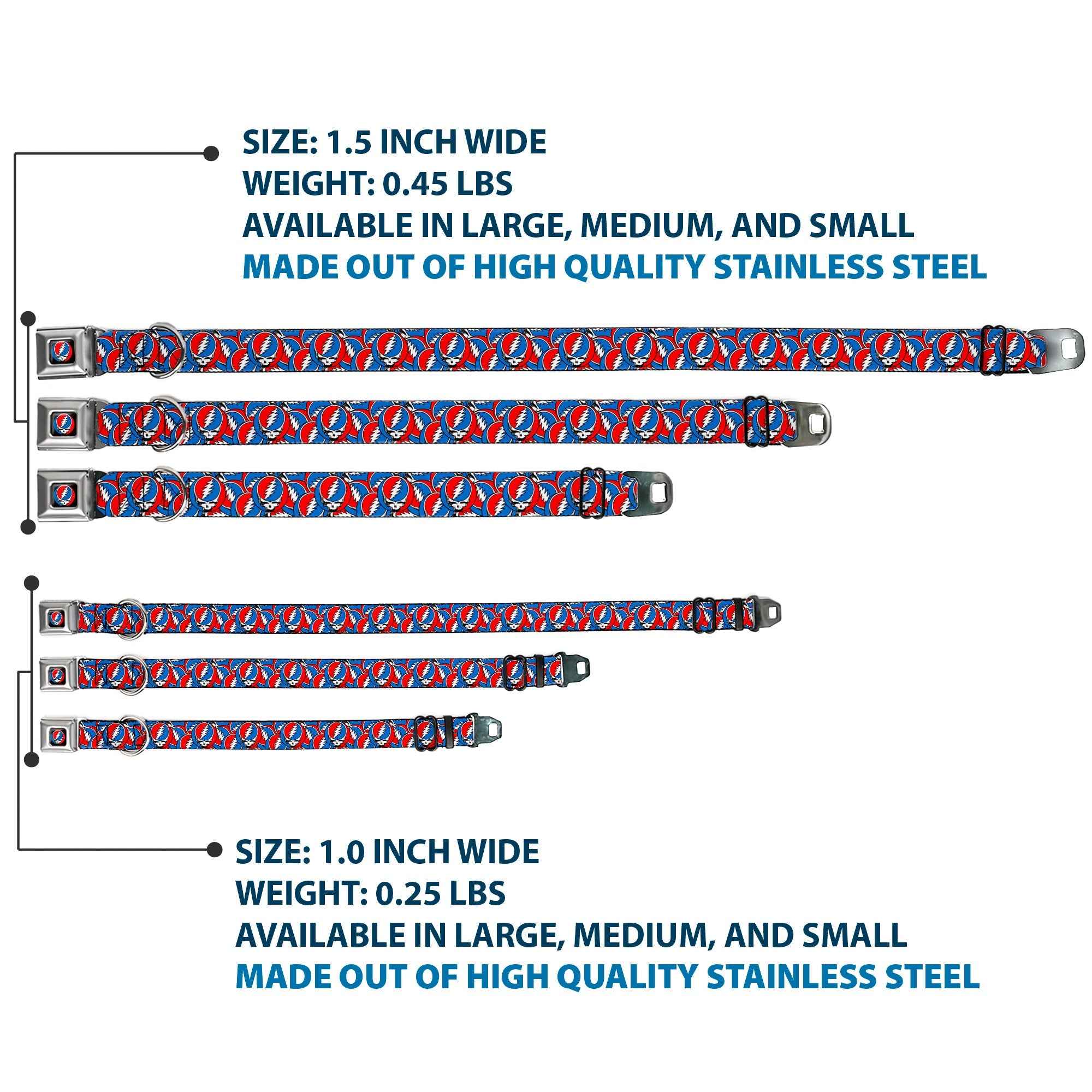 Buckle-Down Grateful Dead Steal Your Face Logo Black/Red/White/Blue & Stacked Red/White/Blue Seatbelt Buckle Dog Collar