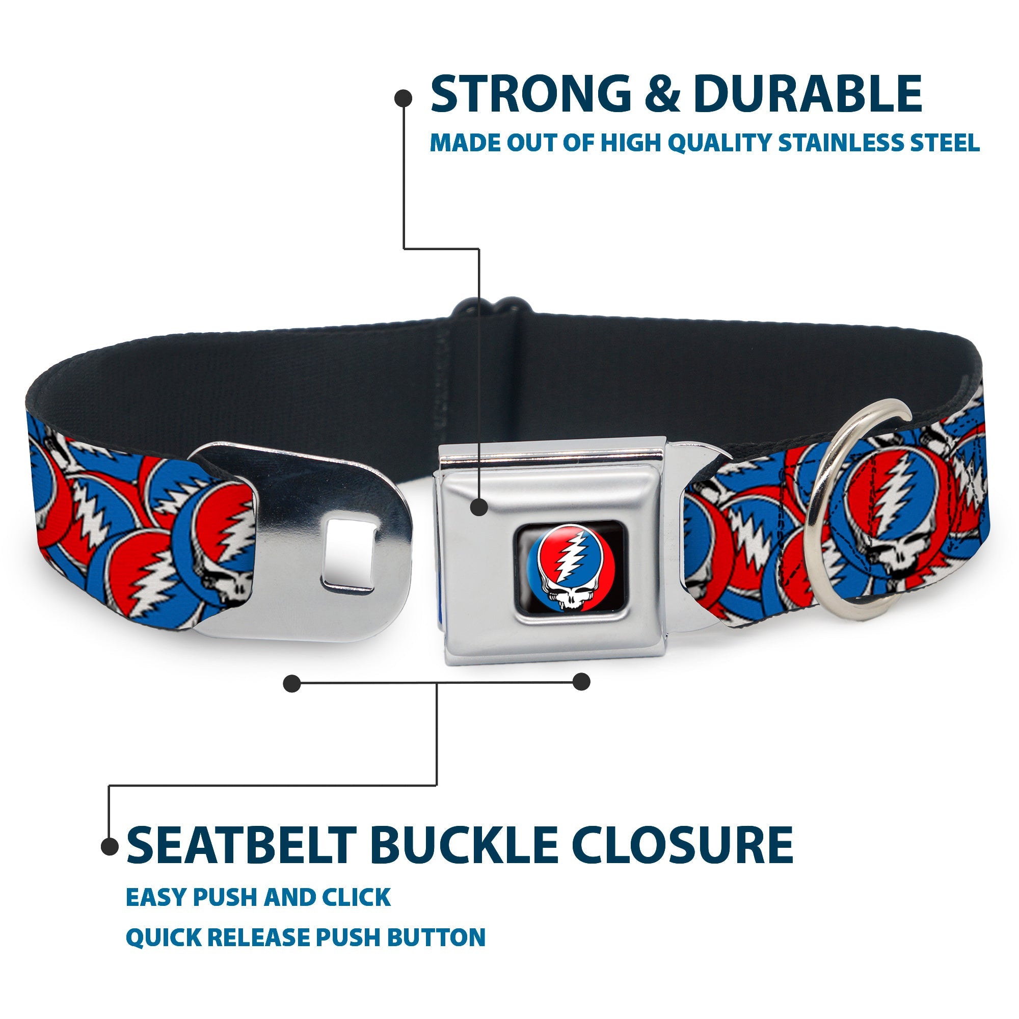 Buckle-Down Grateful Dead Steal Your Face Logo Black/Red/White/Blue & Stacked Red/White/Blue Seatbelt Buckle Dog Collar
