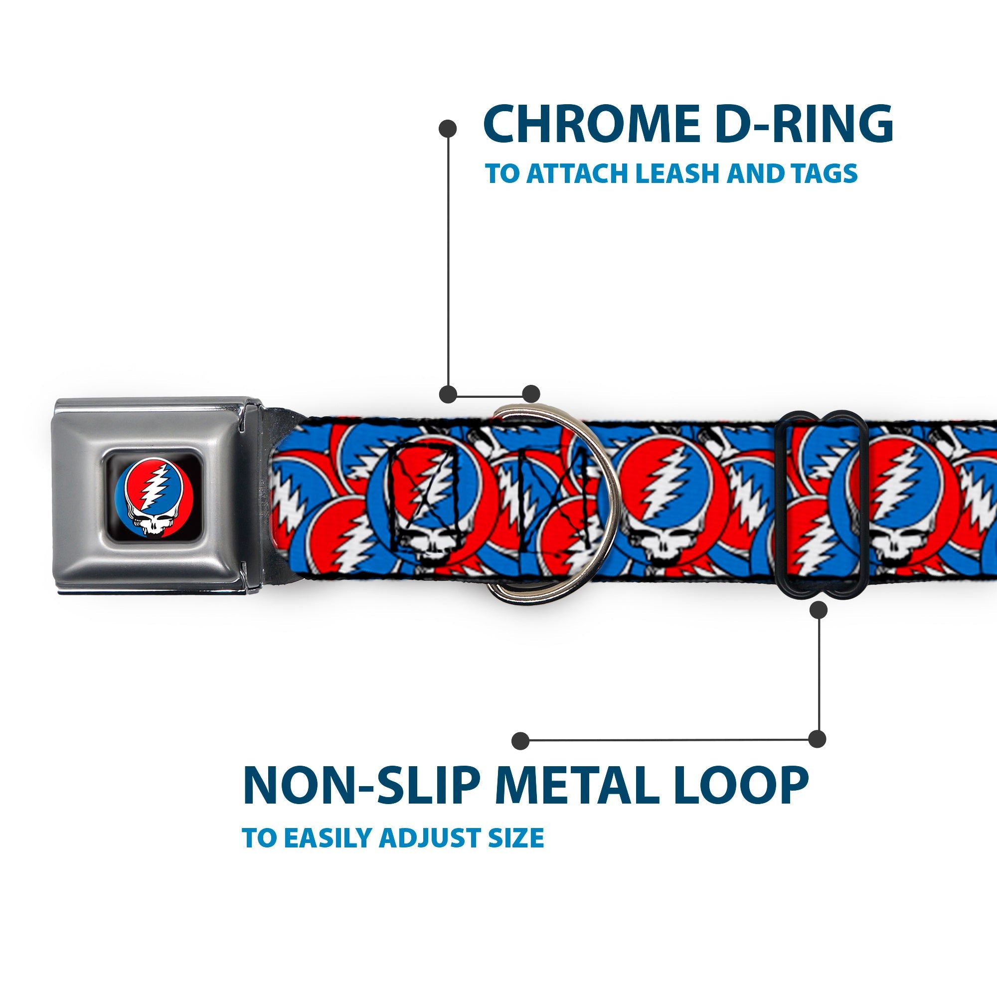 Buckle-Down Grateful Dead Steal Your Face Logo Black/Red/White/Blue & Stacked Red/White/Blue Seatbelt Buckle Dog Collar