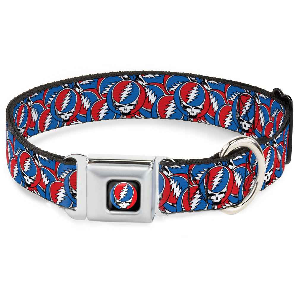 Buckle-Down Grateful Dead Steal Your Face Logo Black/Red/White/Blue & Stacked Red/White/Blue Seatbelt Buckle Dog Collar