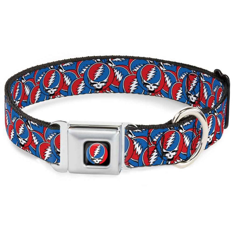Buckle-Down Grateful Dead Steal Your Face Logo Black/Red/White/Blue & Stacked Red/White/Blue Seatbelt Buckle Dog Collar