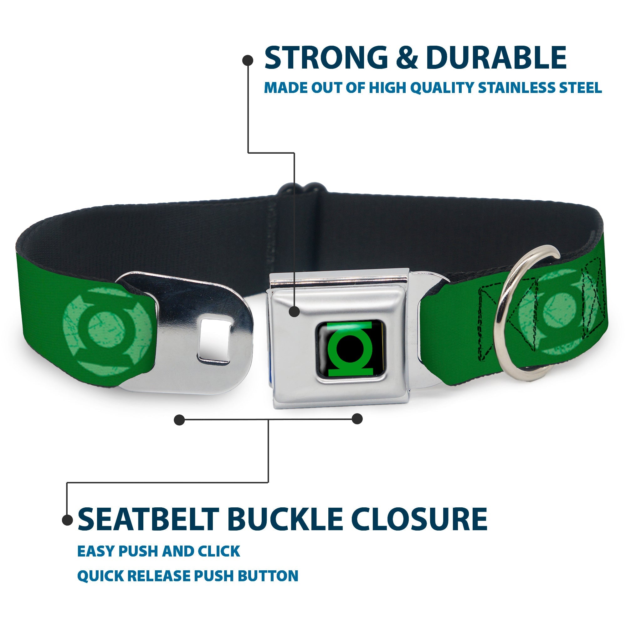 Green Lantern Logo CLOSE-UP Black/Green Seatbelt Buckle Collar - Green Lantern Logo Weathered Greens
