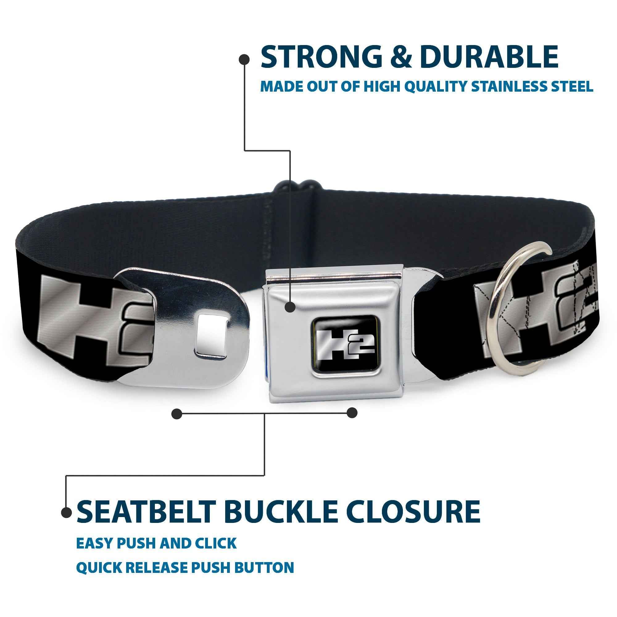 Buckle-Down H2 Black/Silver Seatbelt Buckle Dog Collar - H2 Black/Silver Logo Repeat