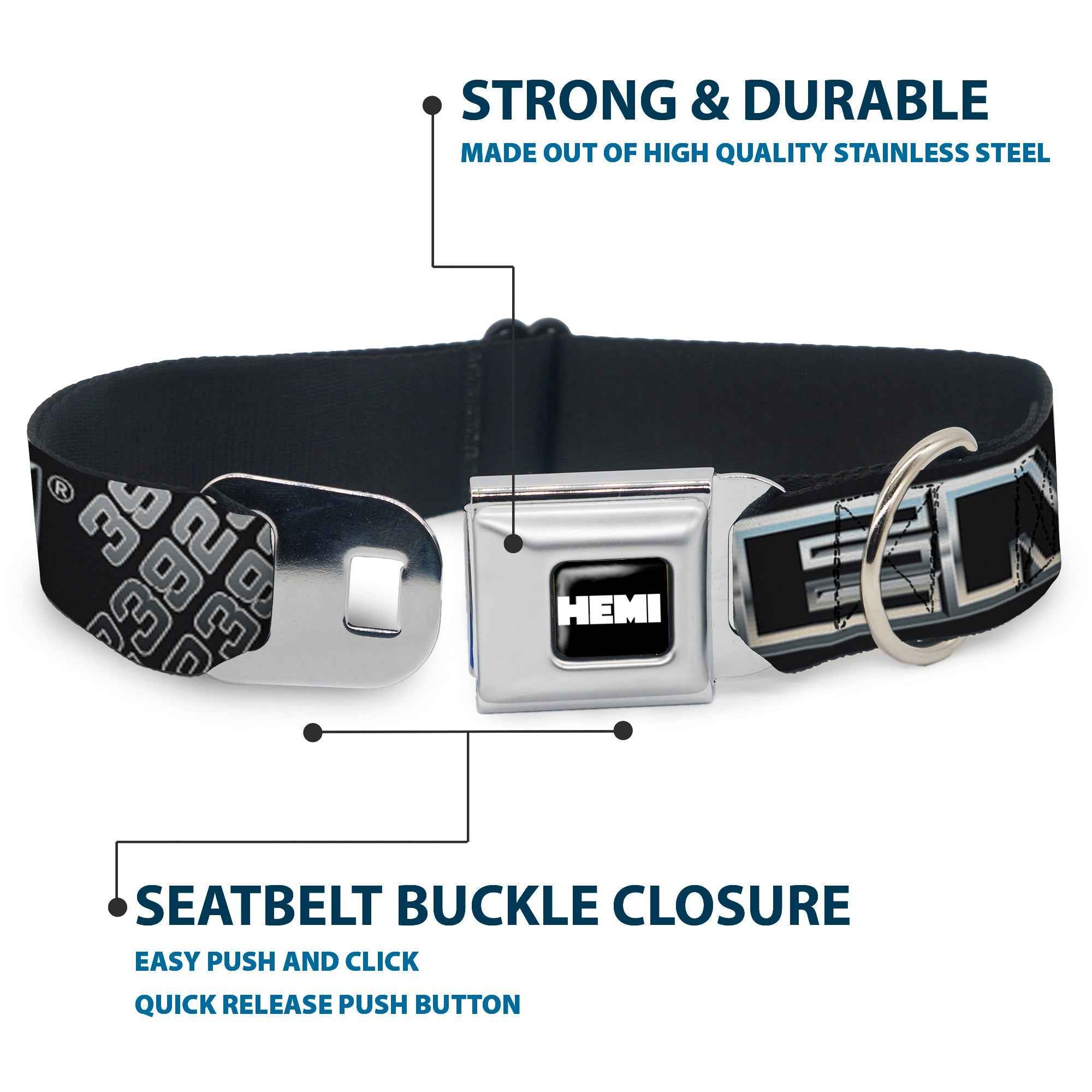 Buckle-Down Hemi Bold Full Color Black/White Seatbelt Buckle Dog Collar - Hemi Bold Outline 392/426 Black/Silver-Fade