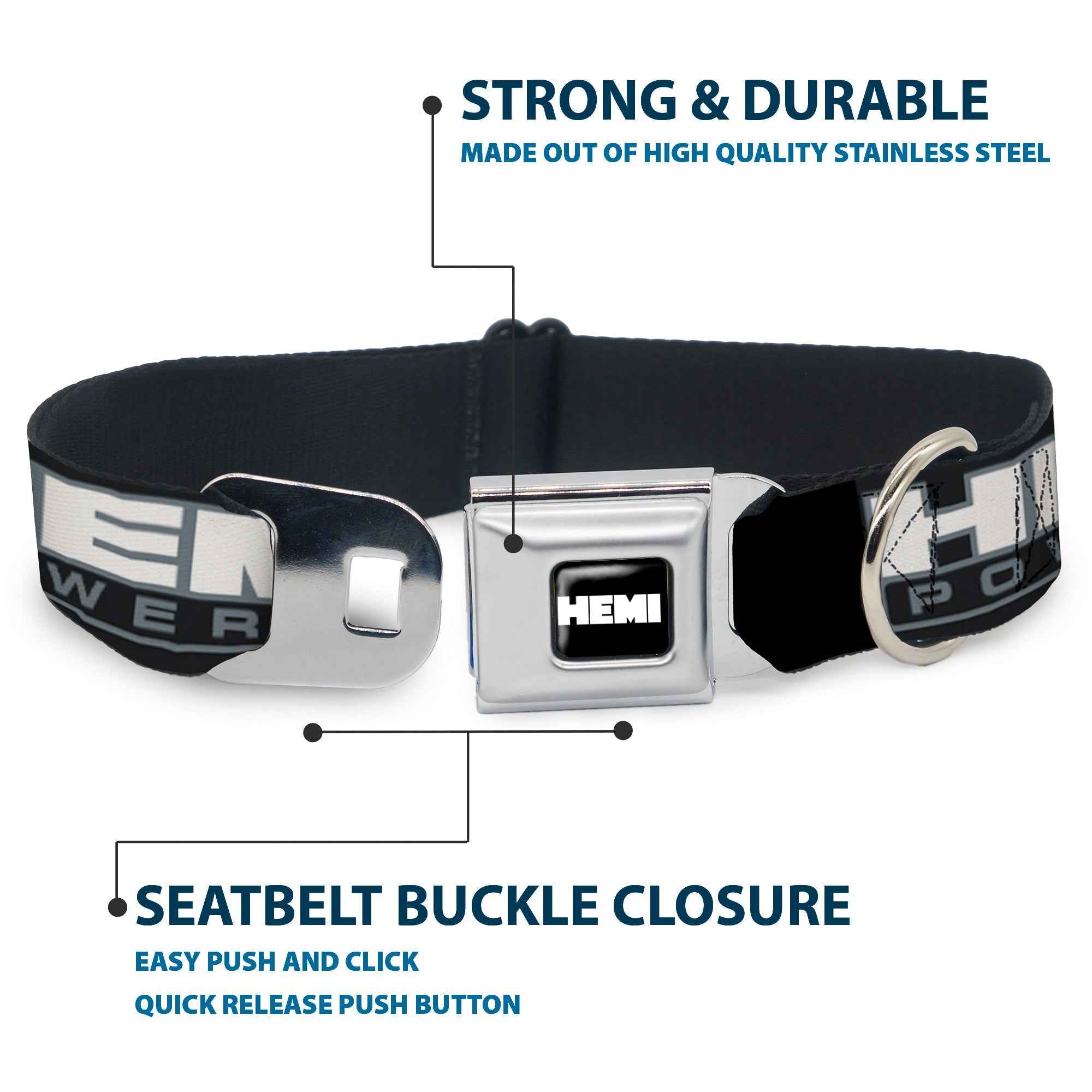 Buckle-Down Hemi Bold Full Color Black/White Seatbelt Buckle Dog Collar - Hemi Powered Logo Black/Gray/White