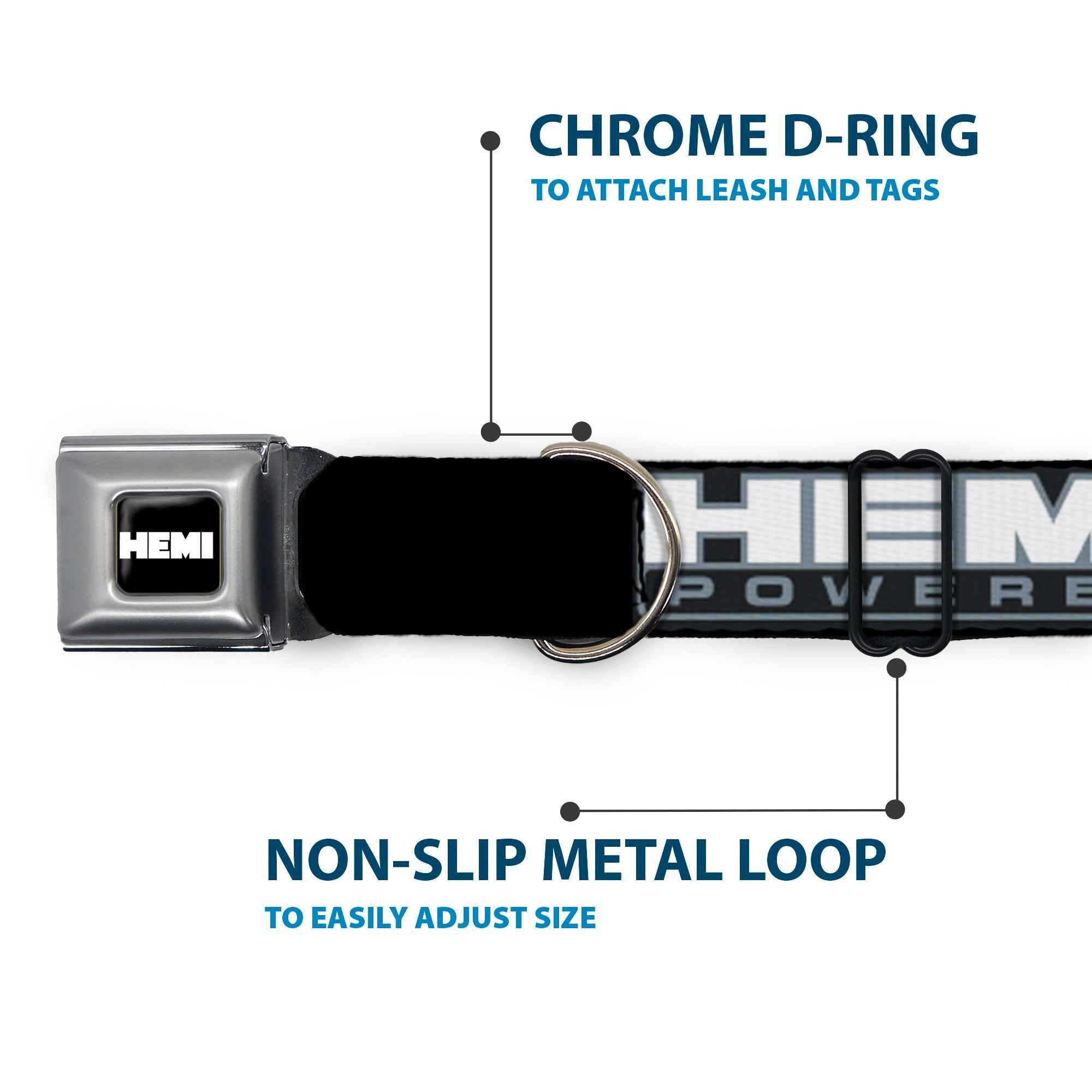 Buckle-Down Hemi Bold Full Color Black/White Seatbelt Buckle Dog Collar - Hemi Powered Logo Black/Gray/White