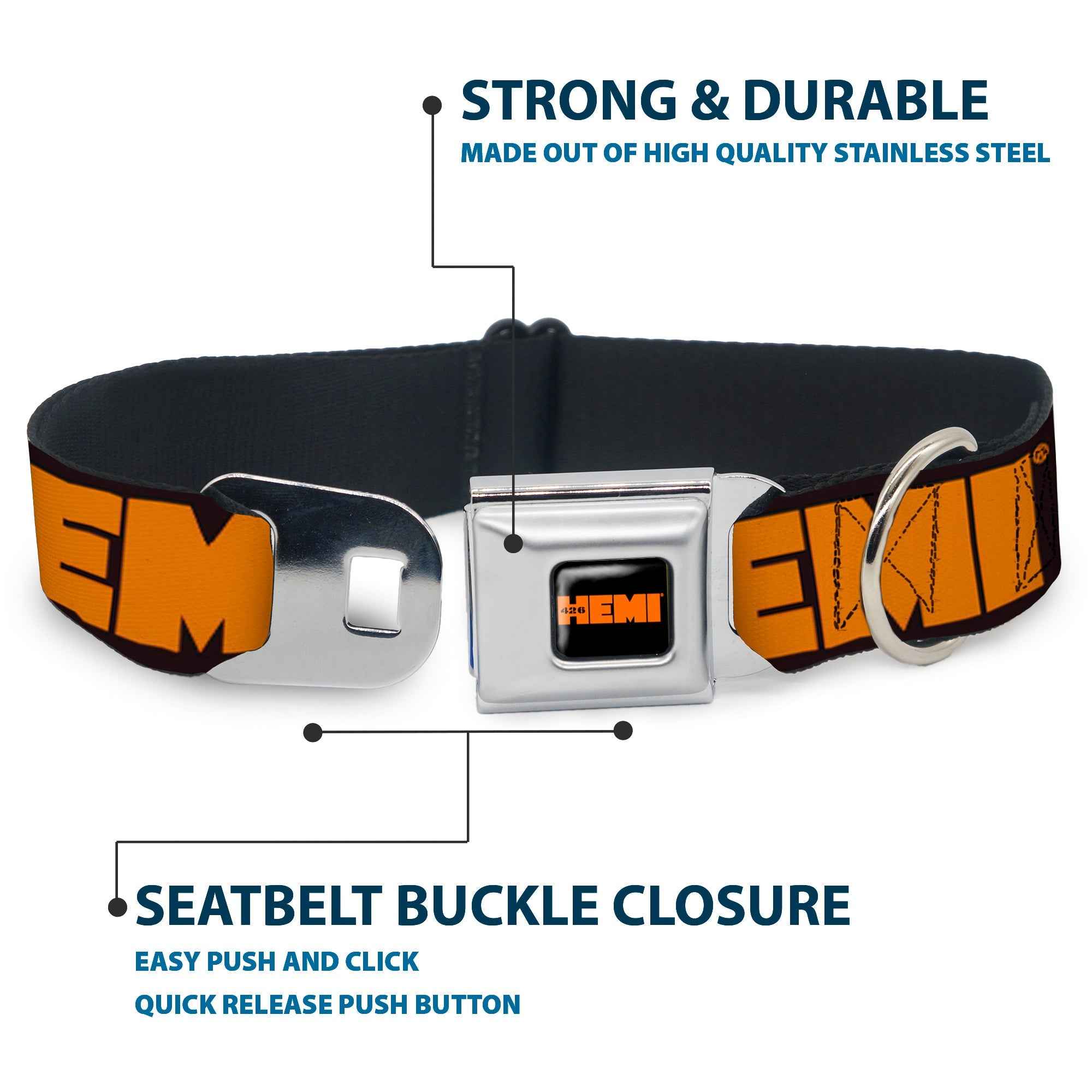 Buckle-Down Hemi 426 Logo Full Color Black Orange Seatbelt Buckle Dog Collar - Hemi 426 Logo 392/426 Black/Orange/Silver-Fade