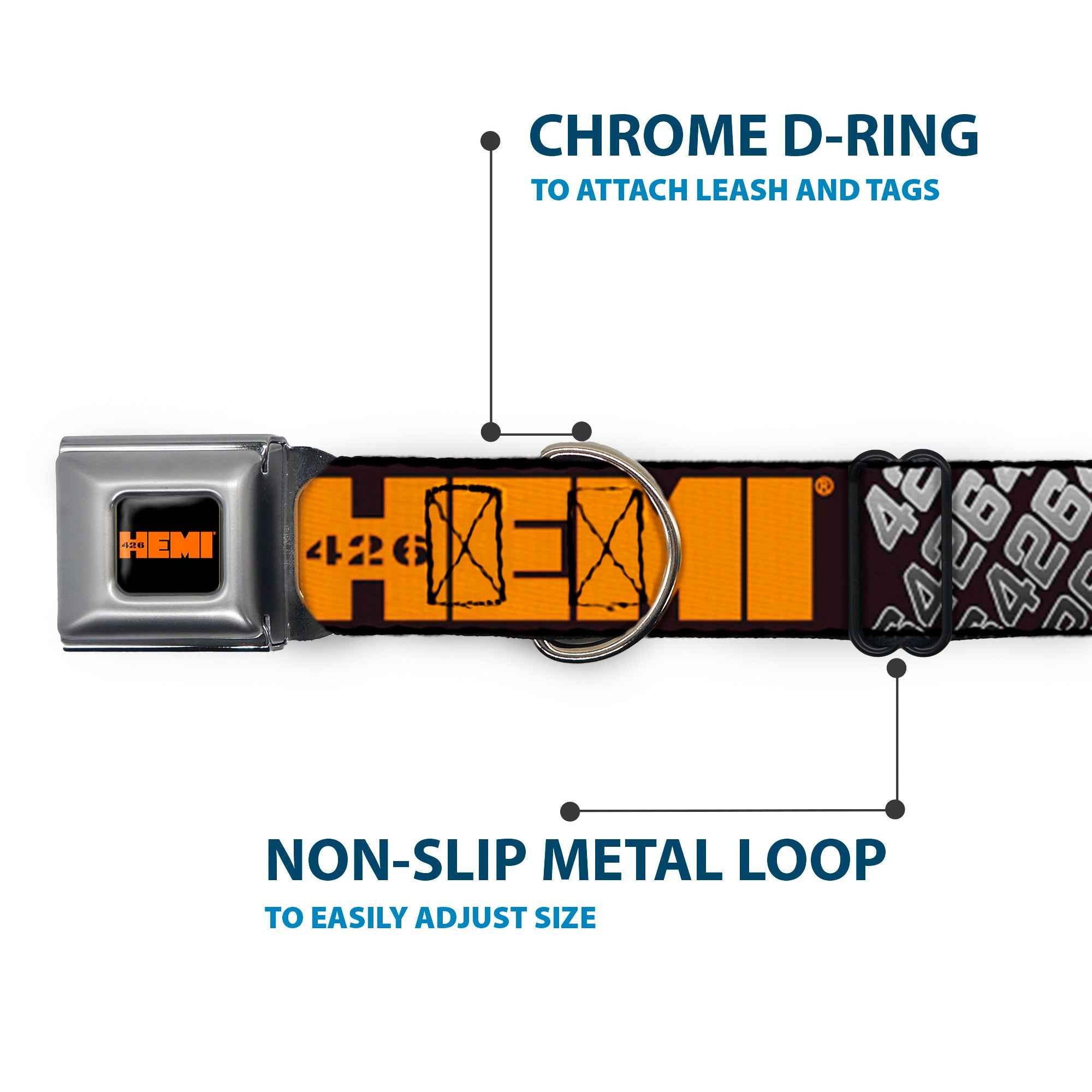 Buckle-Down Hemi 426 Logo Full Color Black Orange Seatbelt Buckle Dog Collar - Hemi 426 Logo 392/426 Black/Orange/Silver-Fade