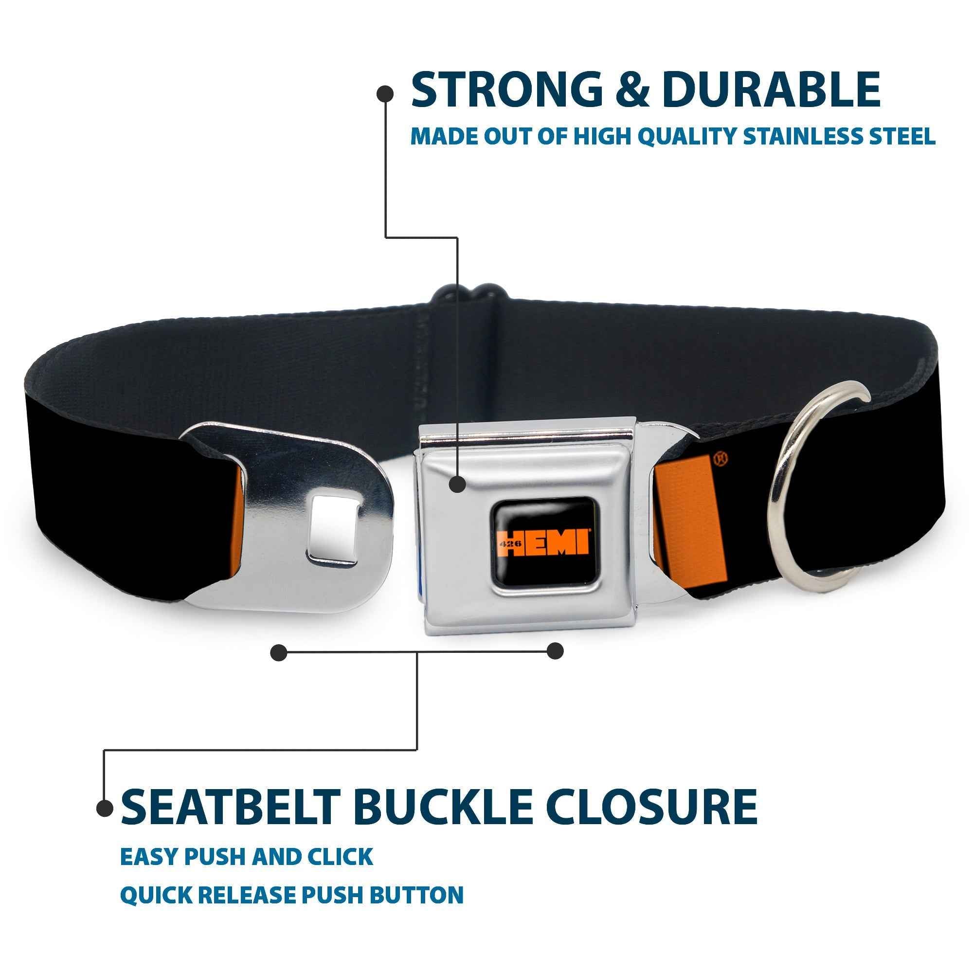 Buckle-Down Hemi 426 Logo Full Color Black Orange Seatbelt Buckle Dog Collar - Hemi 426 Logo Repeat Black/Orange