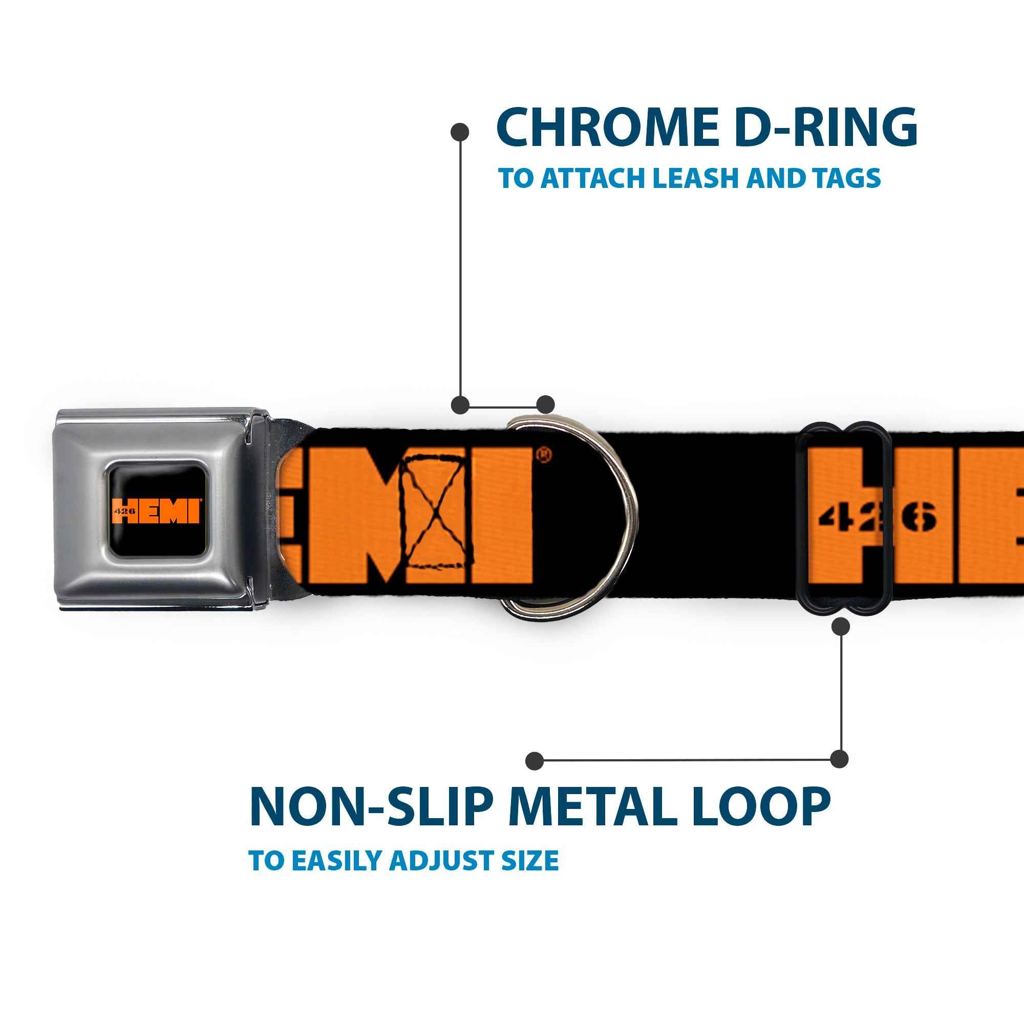 Buckle-Down Hemi 426 Logo Full Color Black Orange Seatbelt Buckle Dog Collar - Hemi 426 Logo Repeat Black/Orange