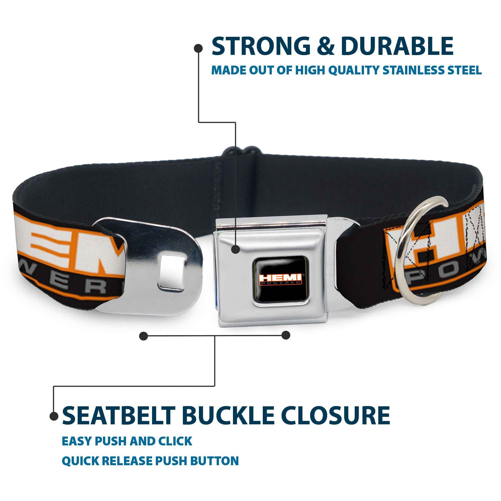 Buckle-Down Hemi Powered Logo Full Color Black/Orange/White/Gray Seatbelt Buckle Dog Collar - Hemi Powered Logo Repeat Black/Orange/White/Gray