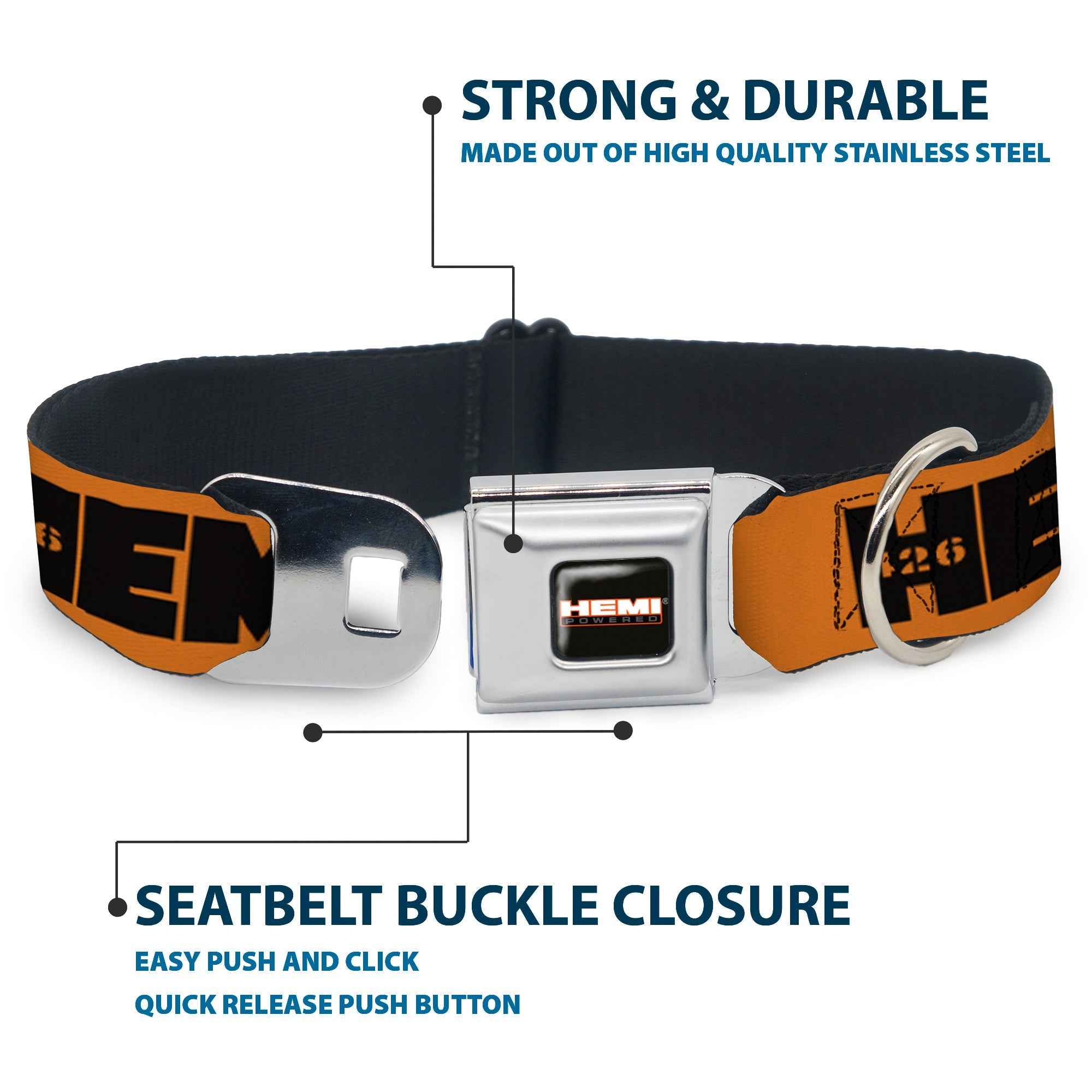 Buckle-Down Hemi 426 Logo Full Color Orange Black Seatbelt Buckle Dog Collar - Hemi 426 Logo Repeat Orange/Black