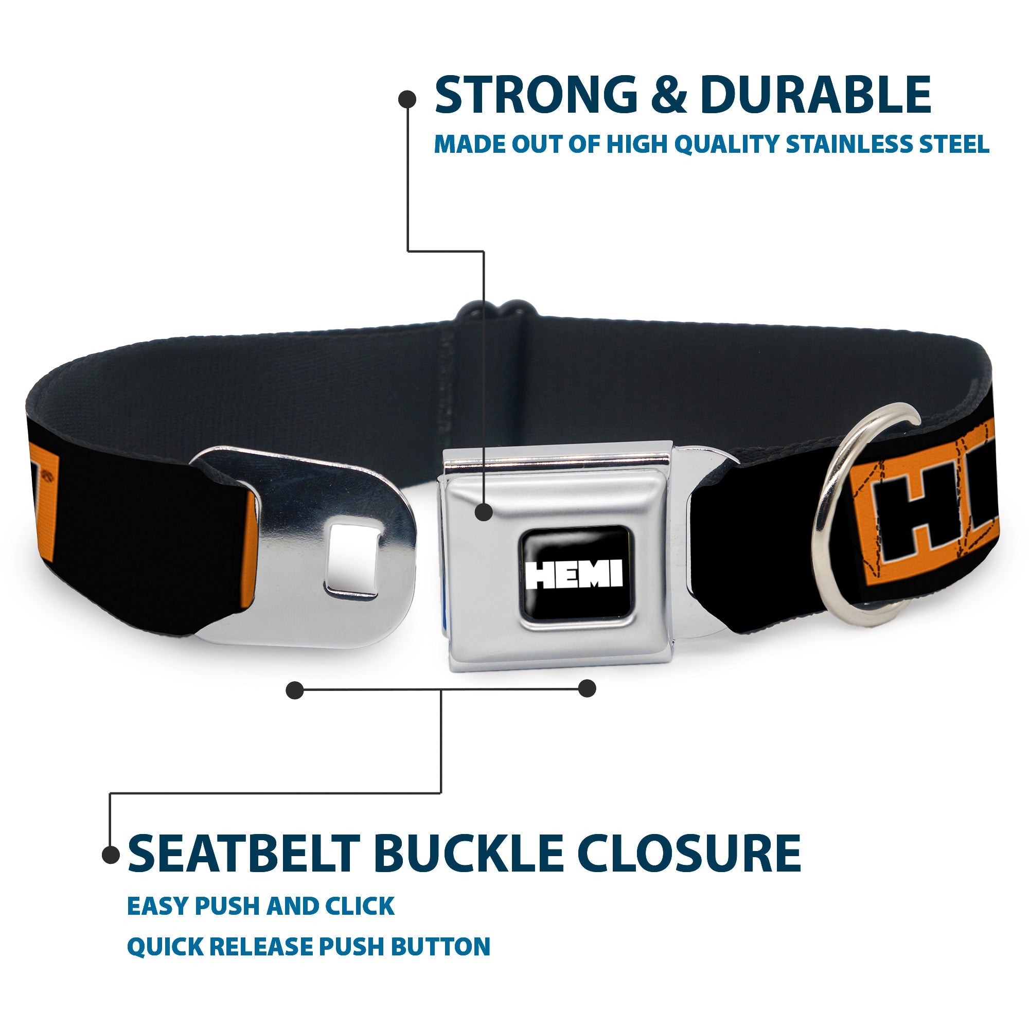 Buckle-Down Hemi Bold Full Color Black/Orange/White/Black Seatbelt Buckle Dog Collar - Hemi Bold Black/Orange/White/Black