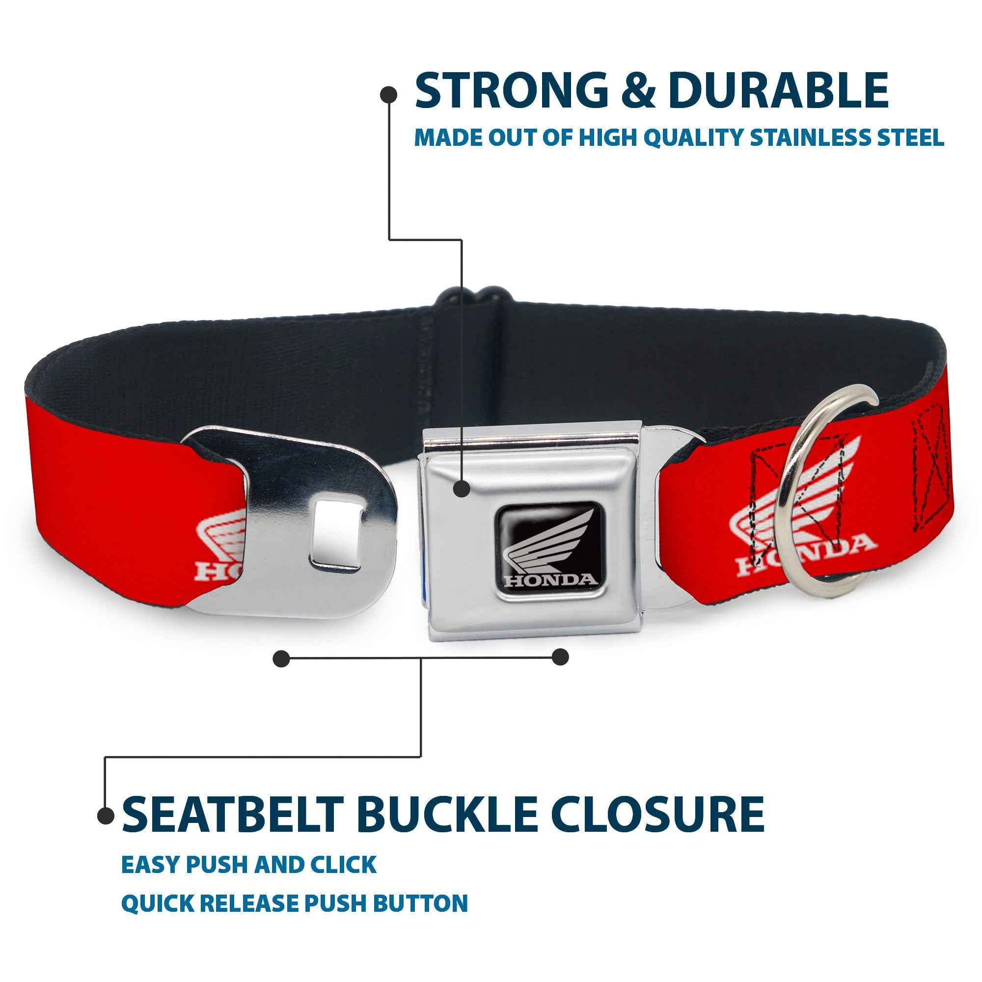 Buckle-Down Honda Motorcycle Black/Silver Seatbelt Buckle Dog Collar - Honda Motorcycle Logo Red/White