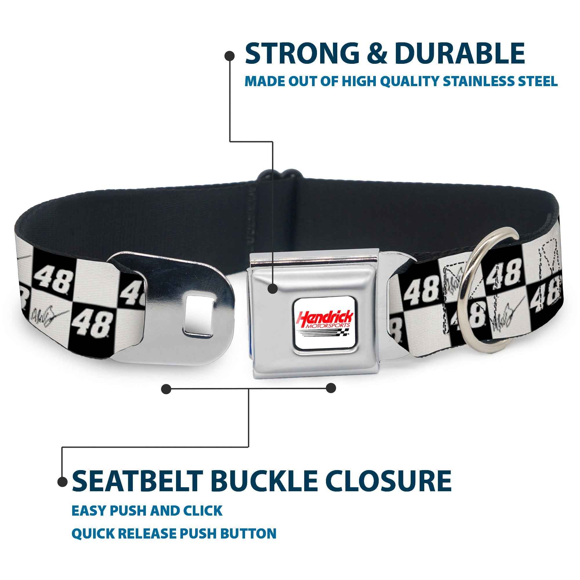 Buckle-Down Hendrick Motorsports Checker Logo Full Color Red/White Seatbelt Buckle Dog Collar - Alex Bowman Autograph and #48 Checker Logo Black/White