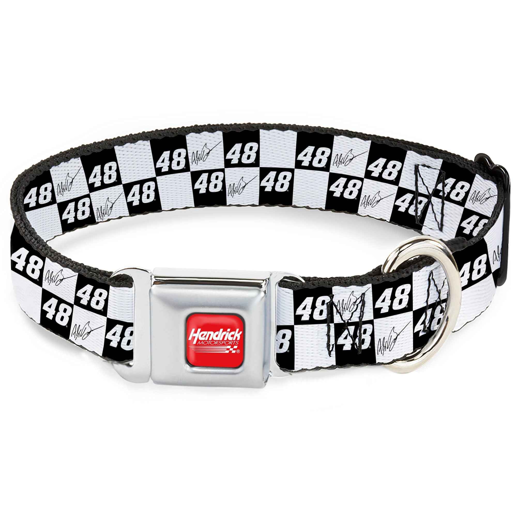 Buckle-Down Hendrick Motorsports Checker Logo Full Color Red/White Seatbelt Buckle Dog Collar - Alex Bowman Autograph and #48 Checker Logo Black/White