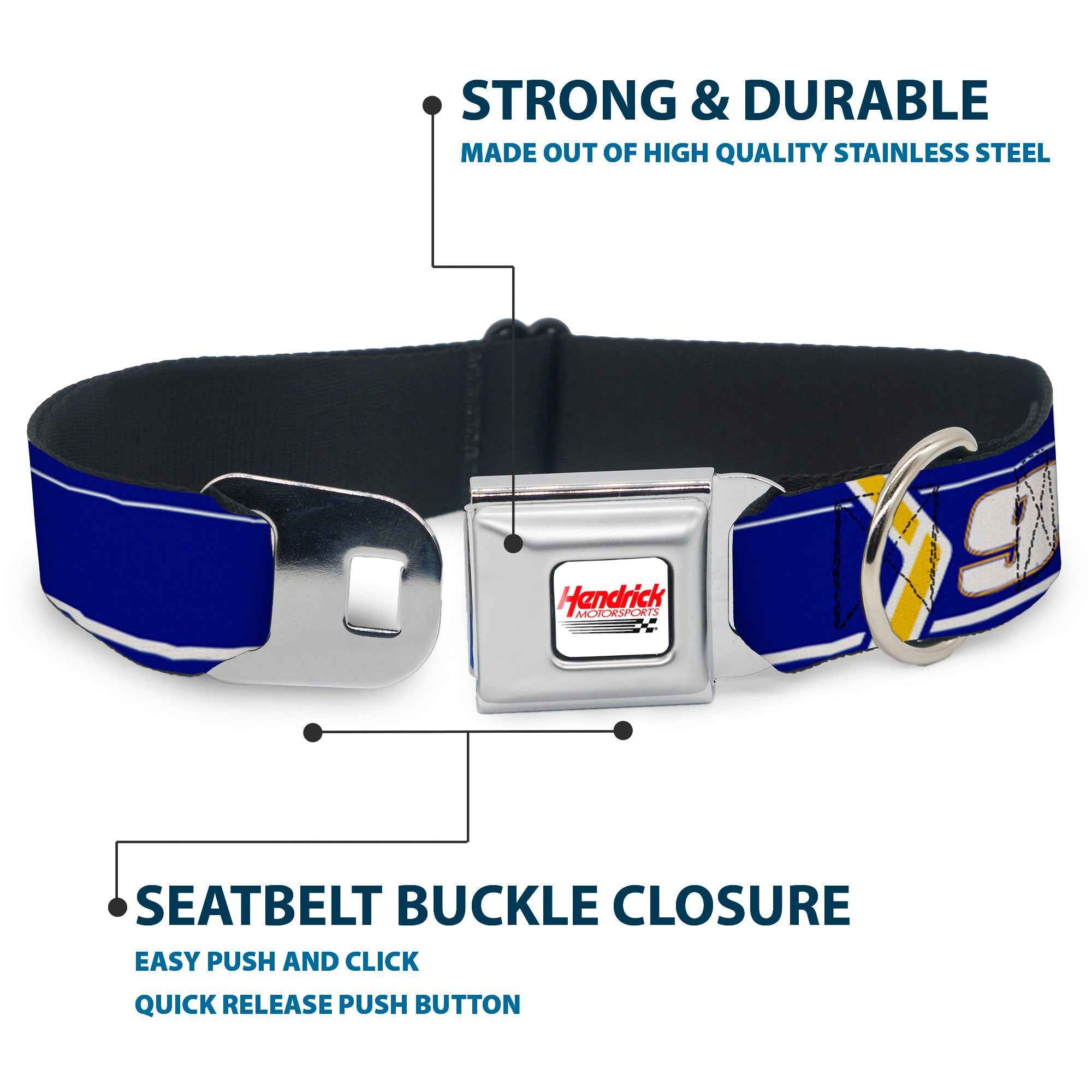 Buckle-Down Hendrick Motorsports Checker Logo Full Color Red/White Seatbelt Buckle Dog Collar - Chase Elliott #9 Car Scheme Blue/Yellow/White
